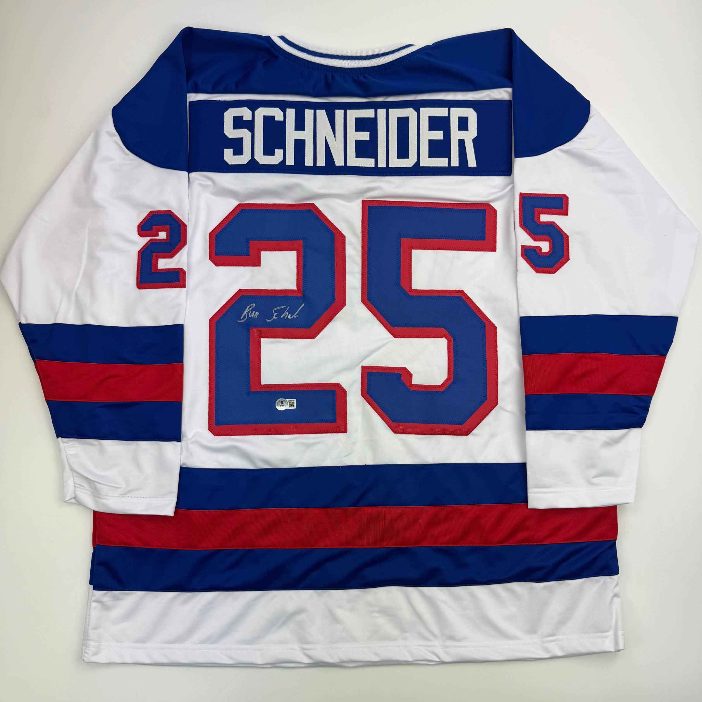 Autographed/Signed Buzz Schneider White Team USA Miracle On Ice 1980 Olympics Hockey Jersey Beckett BAS COA