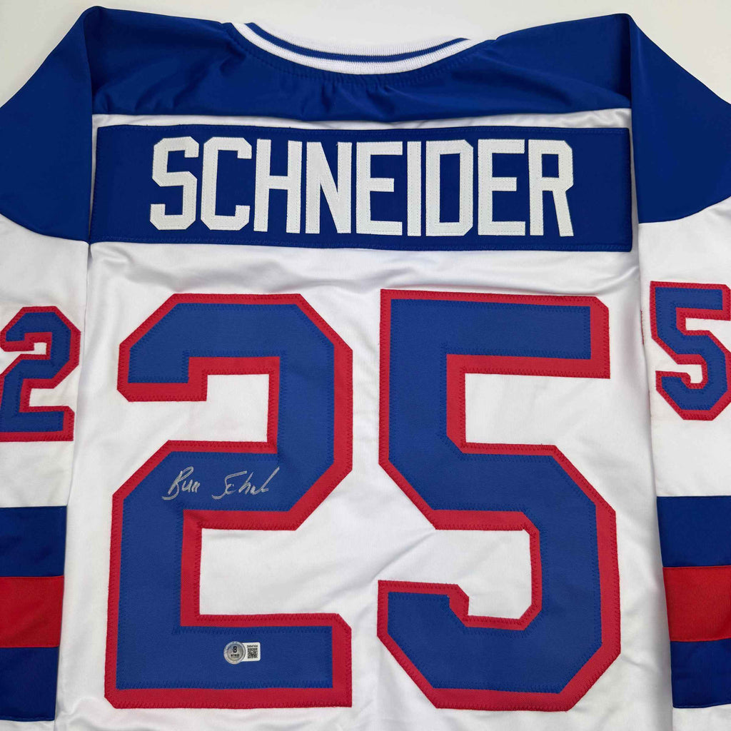 Autographed/Signed Buzz Schneider White Team USA Miracle On Ice 1980 Olympics Hockey Jersey Beckett BAS COA