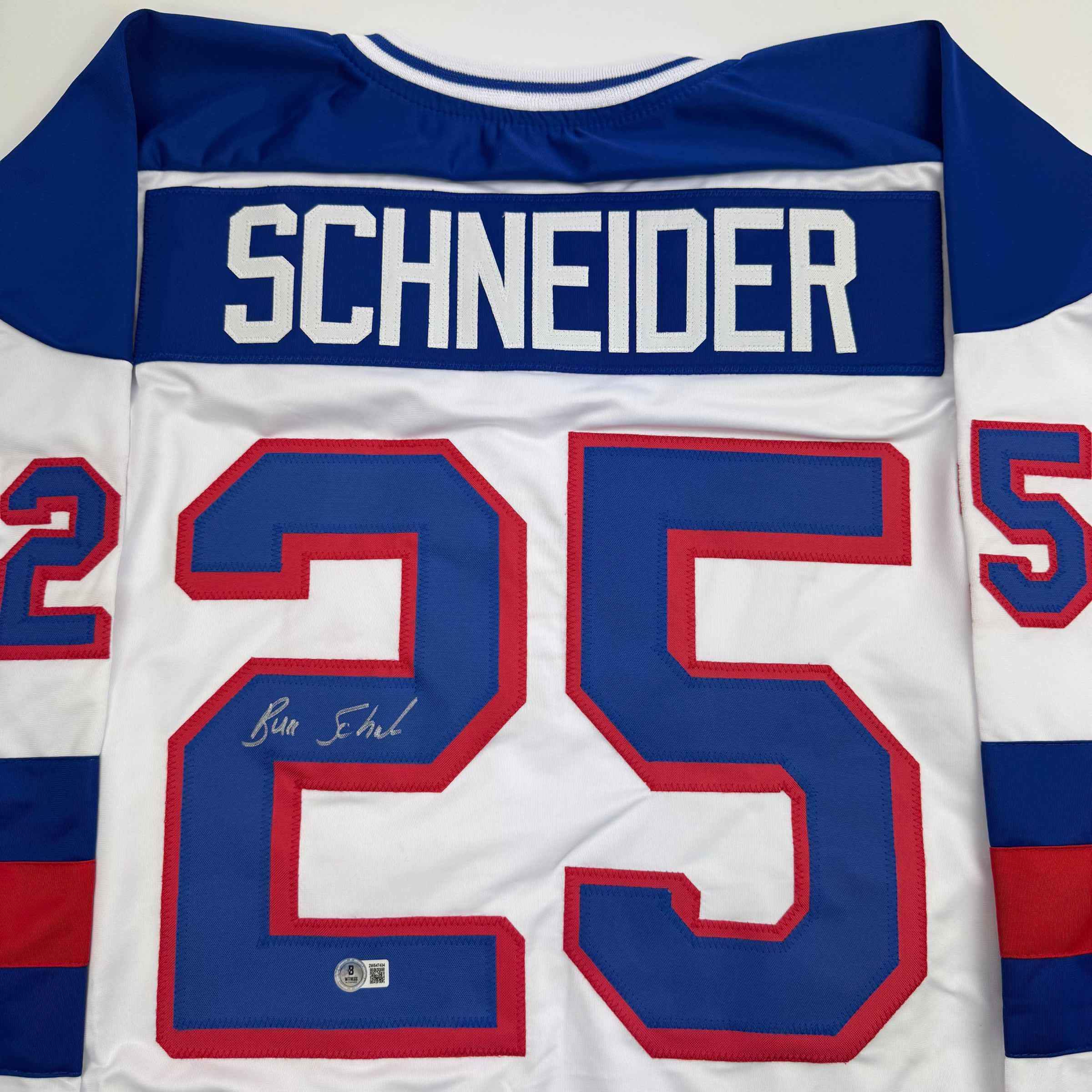 Autographed/Signed Buzz Schneider White Team USA Miracle On Ice 1980 Olympics Hockey Jersey Beckett BAS COA