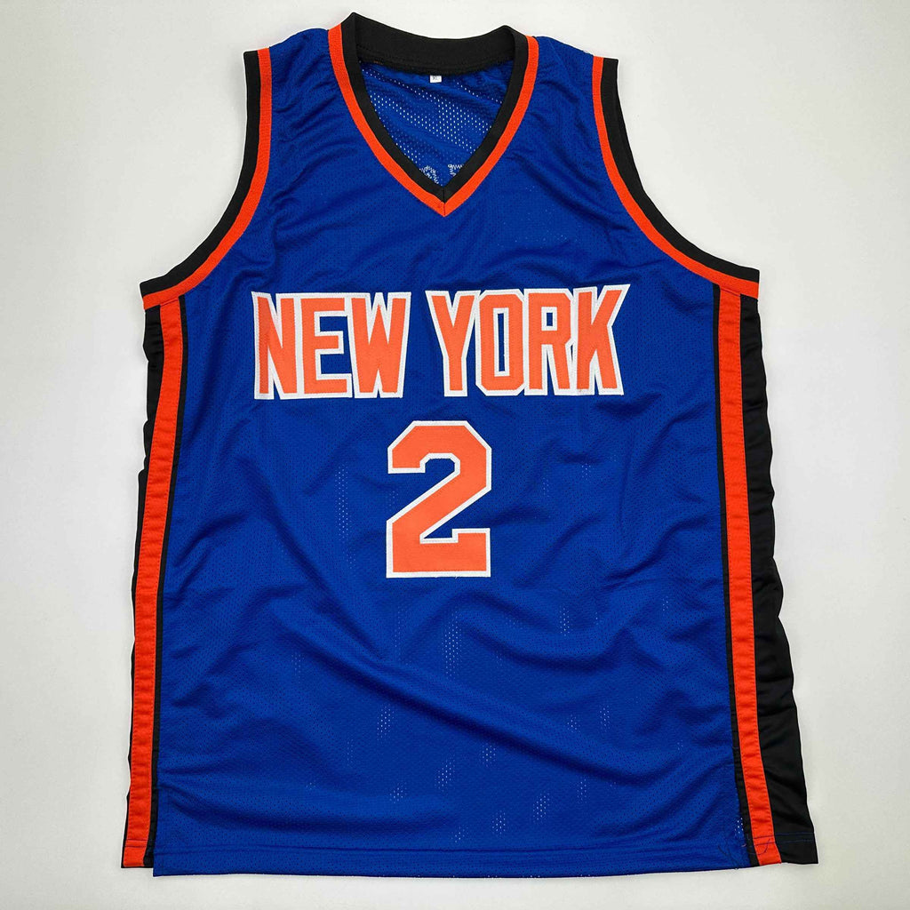 Autographed/Signed Larry Johnson New York Blue Basketball Jersey Beckett BAS COA