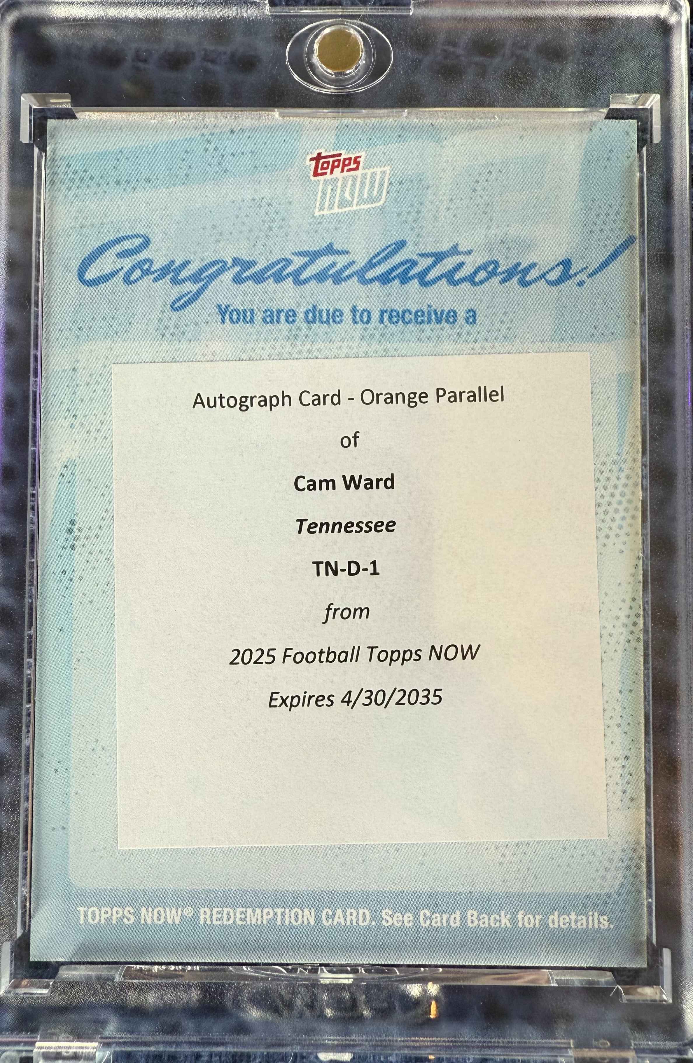 2025 Topps Now Cam Ward #D1 Draft Night Orange Auto /25 Redemption Rookie RC Football Card
