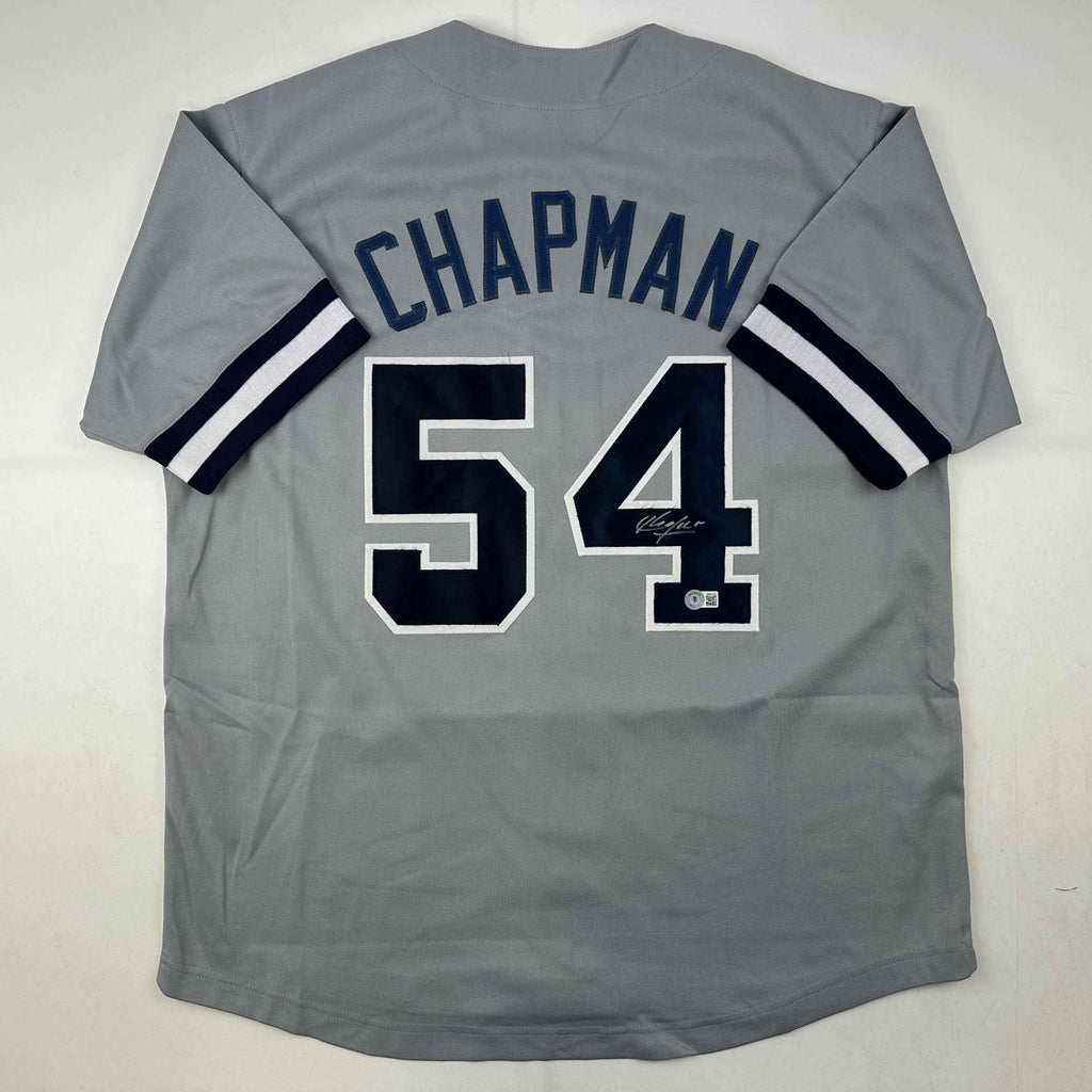 Autographed/Signed Aroldis Chapman New York Grey Baseball Jersey Beckett BAS COA