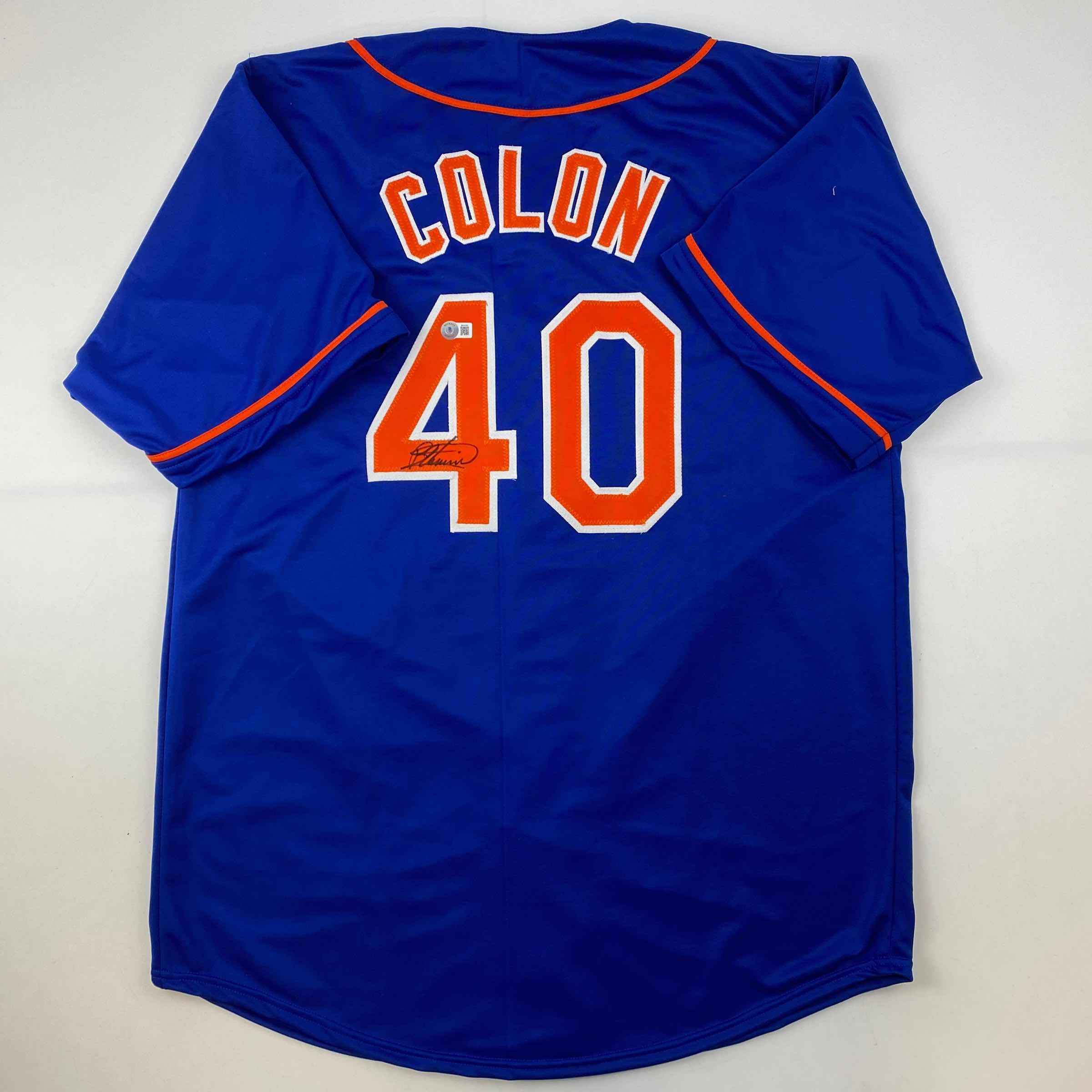 Autographed/Signed Bartolo Colon New York Blue Baseball Jersey Beckett BAS COA