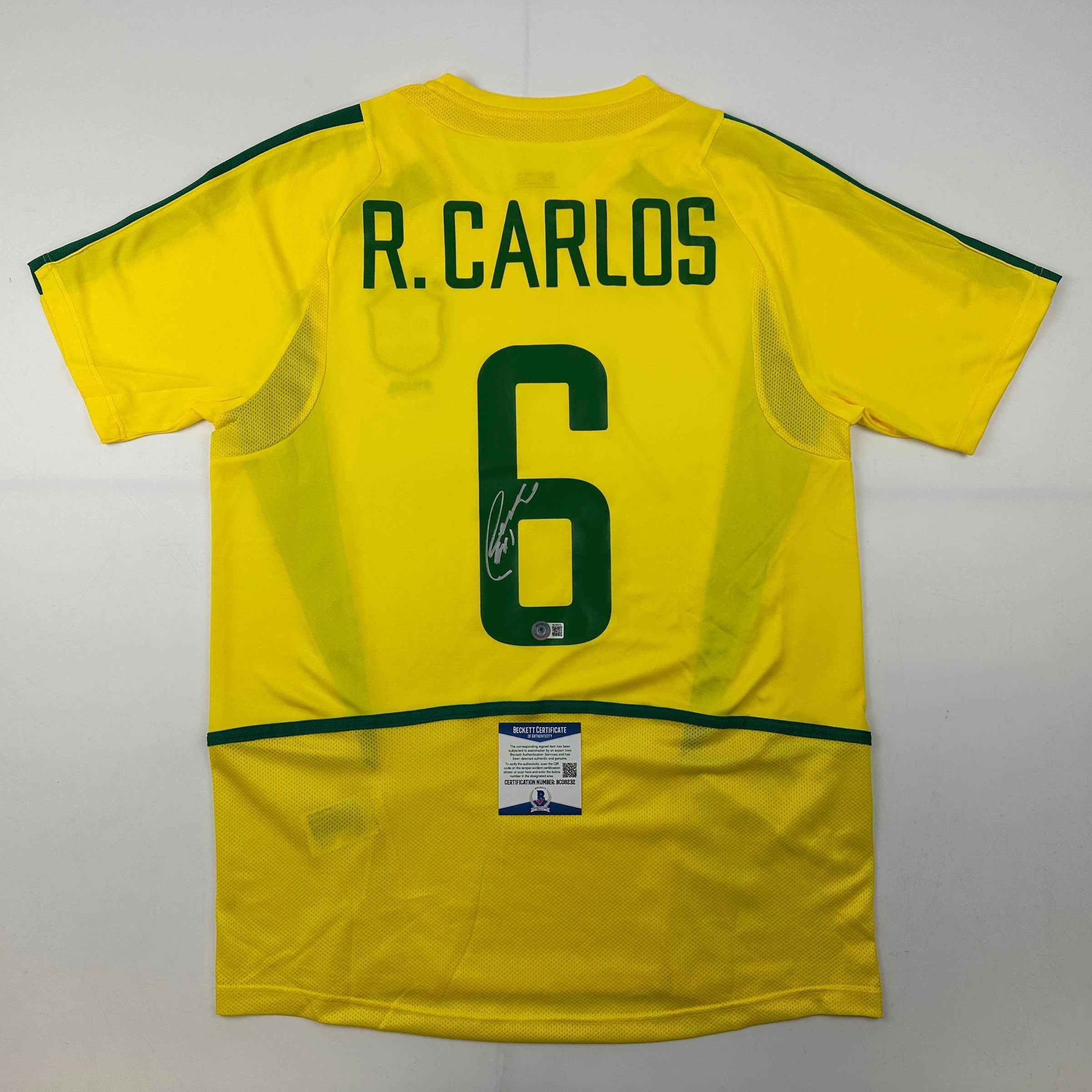 Autographed/Signed Roberto Carlos Brazil Yellow Soccer Jersey Beckett BAS COA