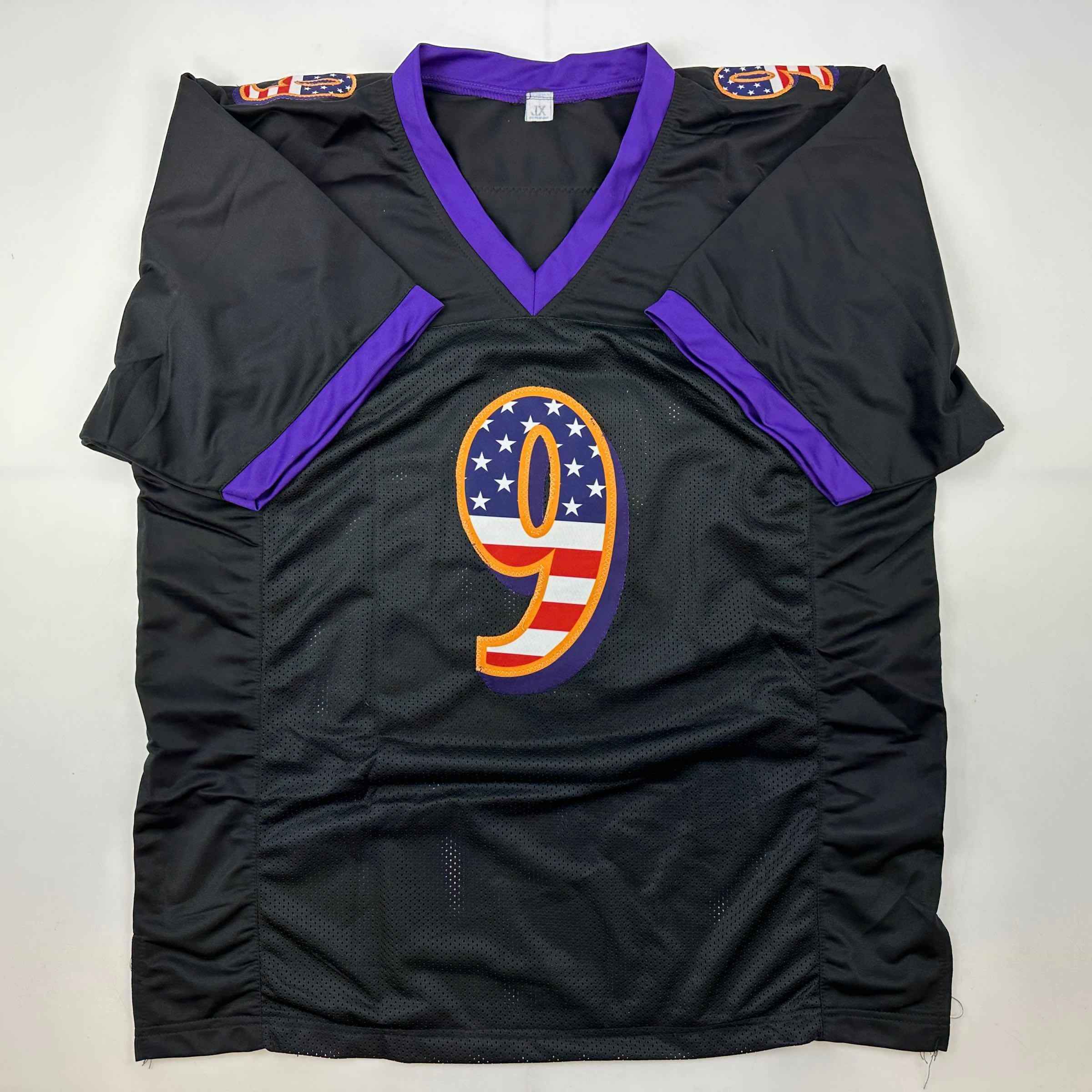 Autographed/Signed Justin Tucker Baltimore Black USA American Flag Football Jersey JSA COA