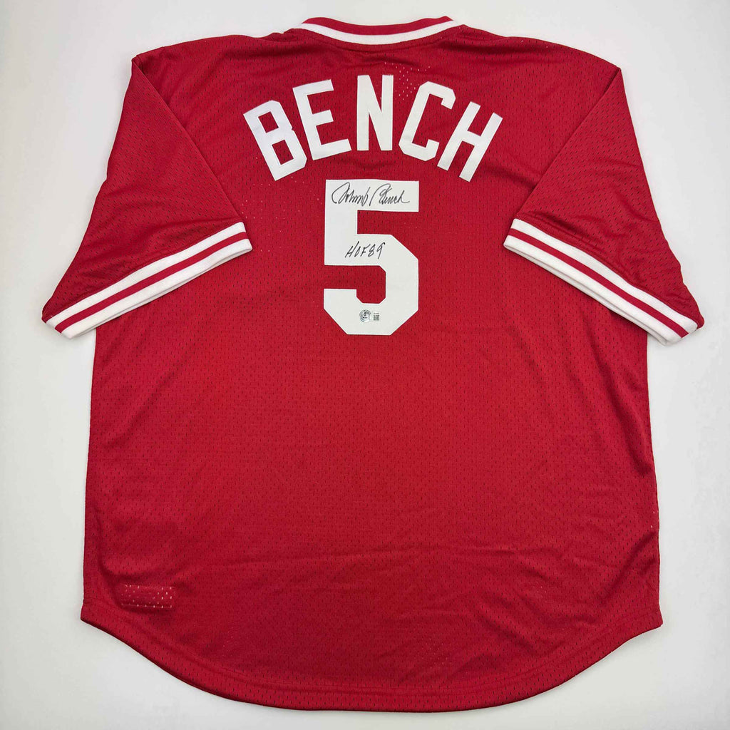 Autographed/Signed Johnny Bench HOF 89 Cincinnati Red Baseball Jersey Beckett BAS COA