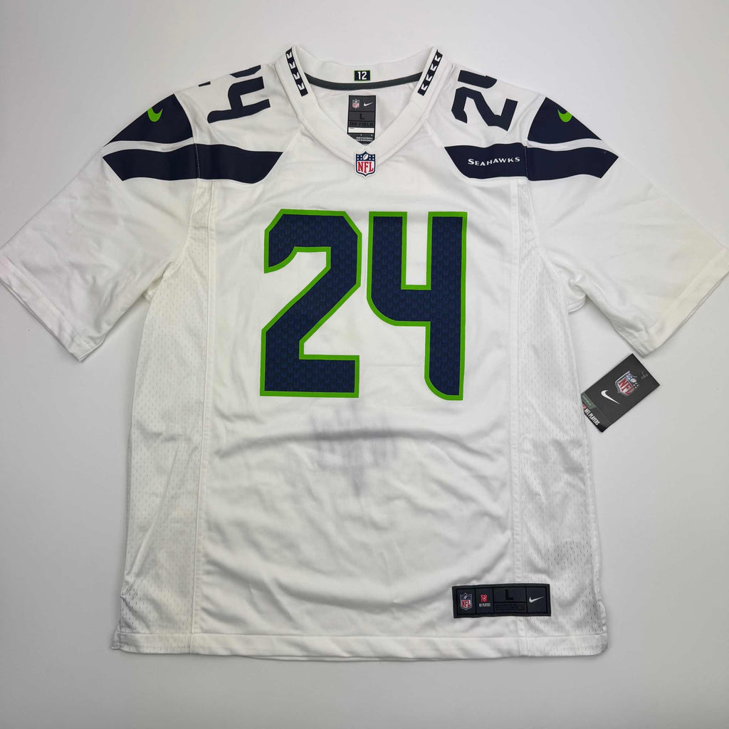 Autographed/Signed Marshawn Lynch Seattle Seahawks White Football Jersey Fanatics COA