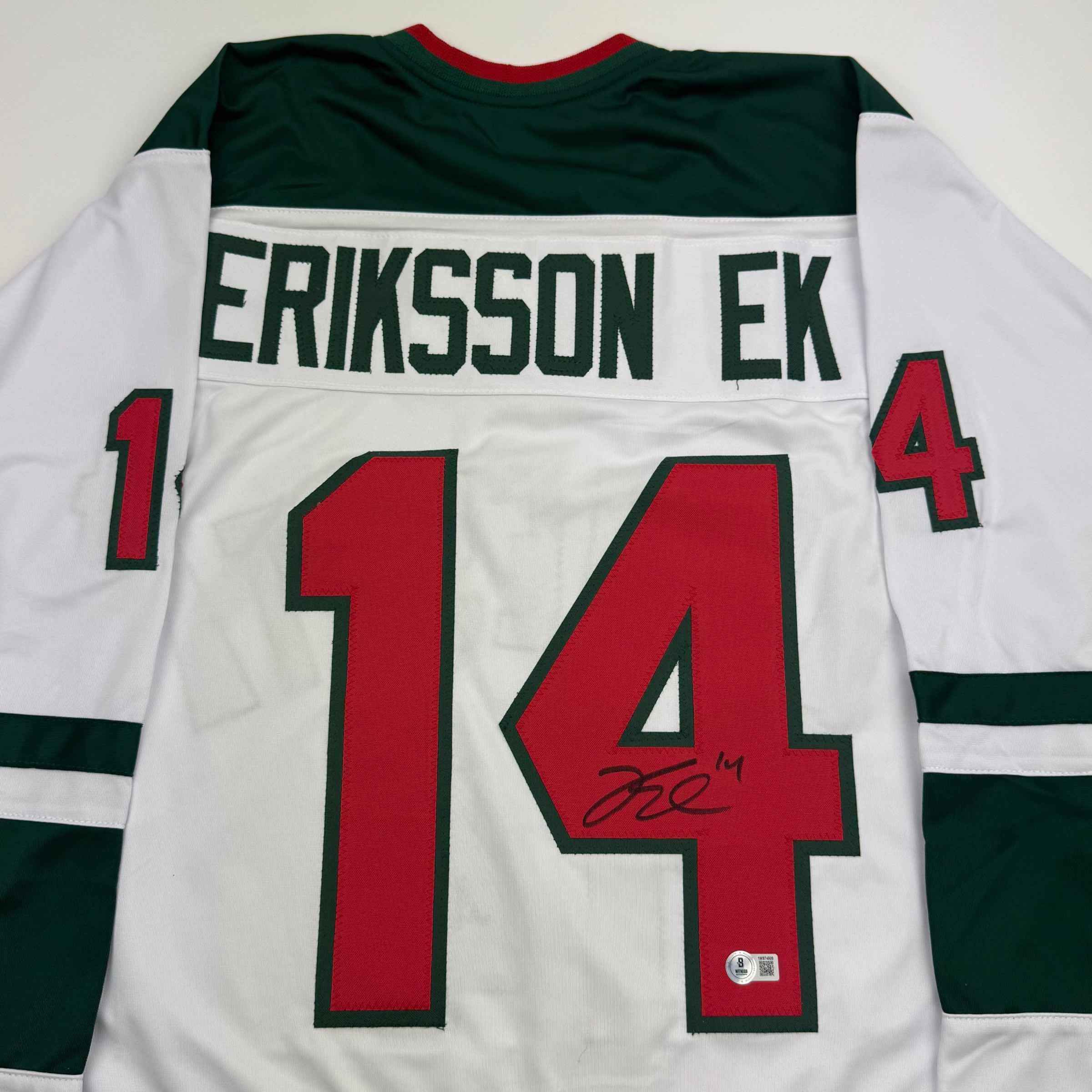 Autographed/Signed Joel Eriksson Ek Minnesota White Hockey Jersey Beckett BAS COA