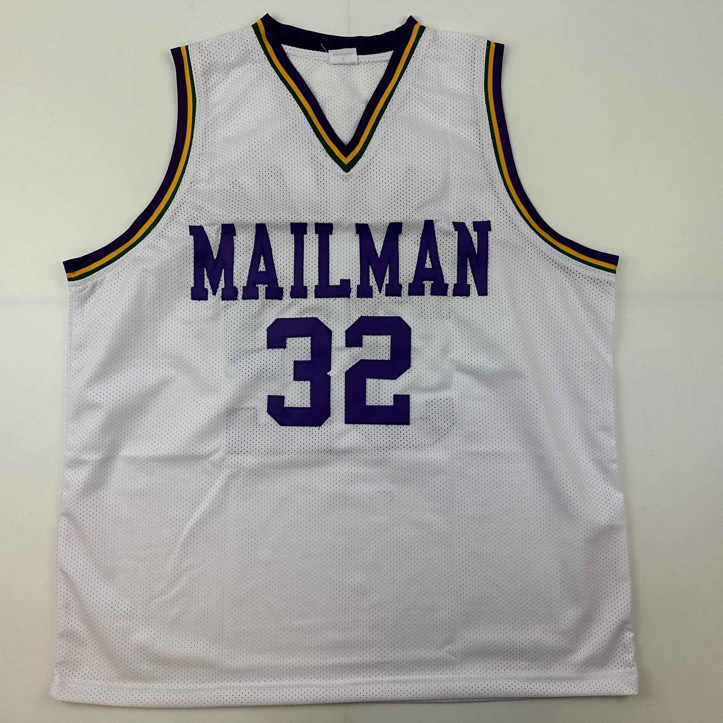 Autographed/Signed Karl Malone Utah White Retro Basketball Jersey JSA COA