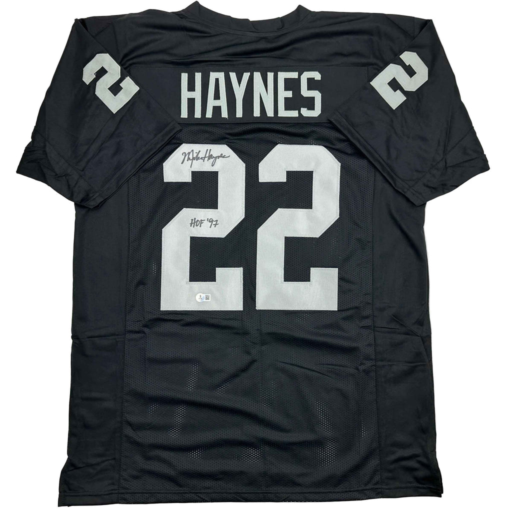 Autographed/Signed Michael Mike Haynes HOF 97 Oakland Black Football Jersey Beckett BAS COA