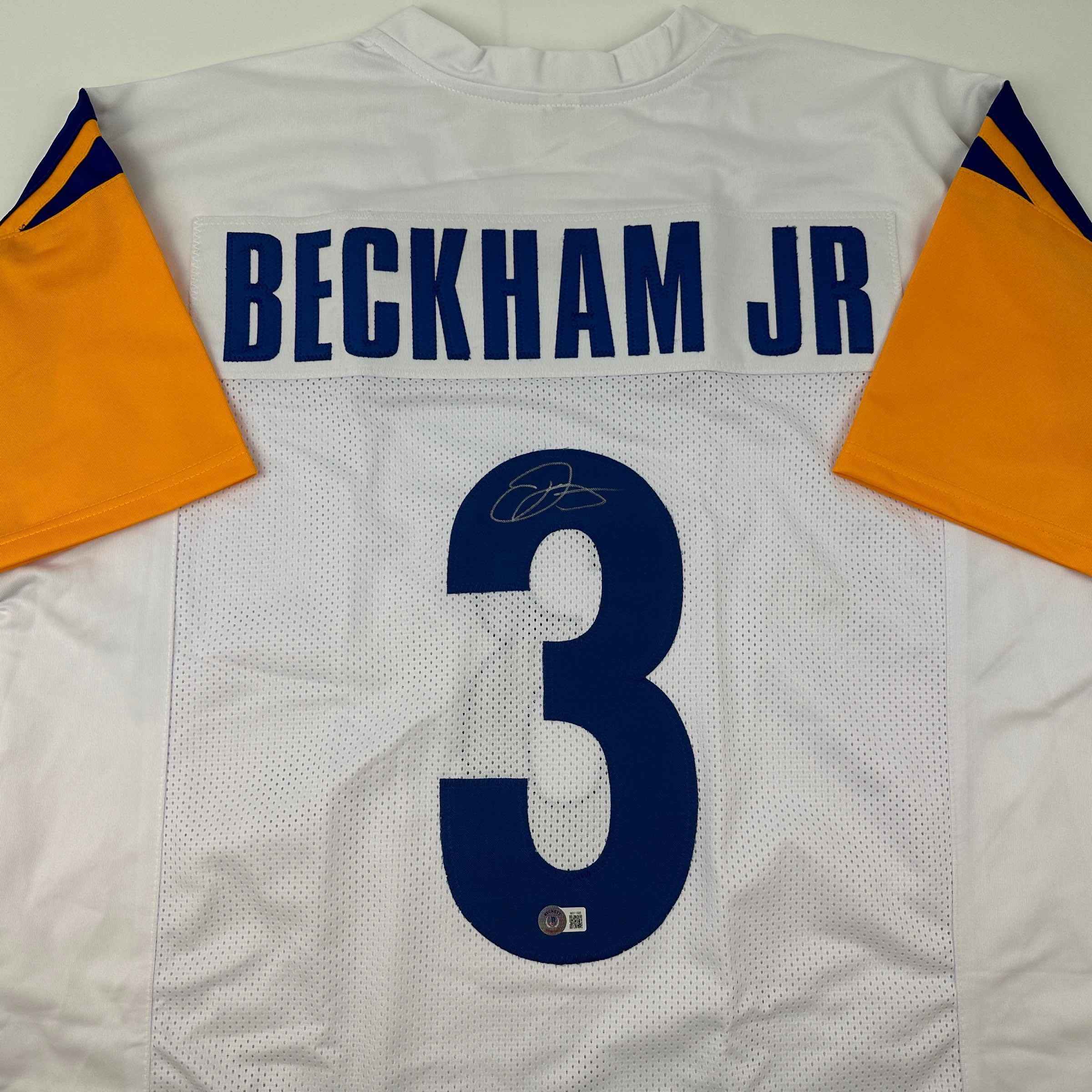 Autographed/Signed Odell Beckham Jr. OBJ Los Angeles LA White Football Jersey Beckett BAS COA