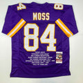 Autographed/Signed Randy Moss Minnesota Purple Stat Football Jersey JSA COA