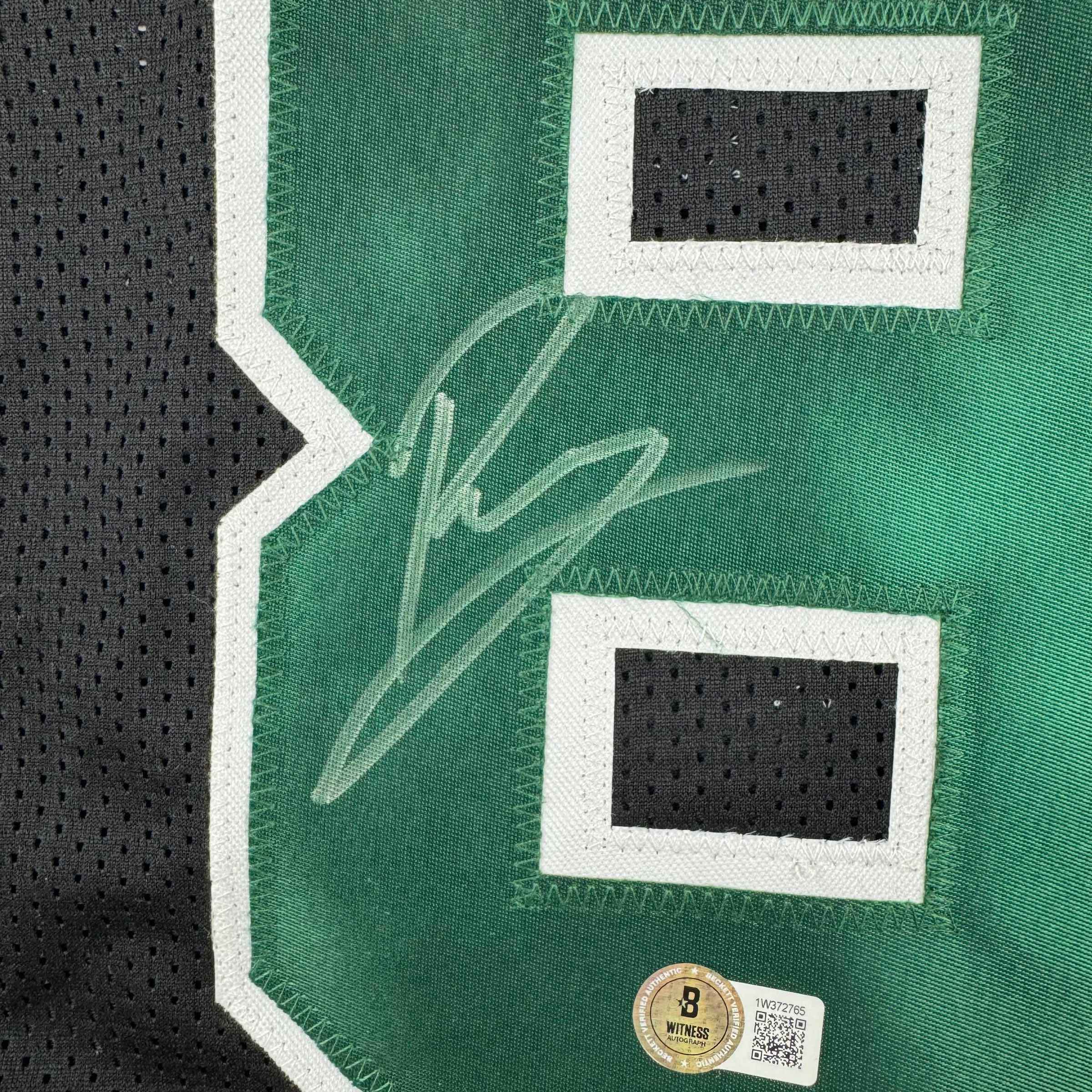 Framed Autographed/Signed Kristaps Porzingis 35x39 Boston Black Basketball Jersey JSA COA