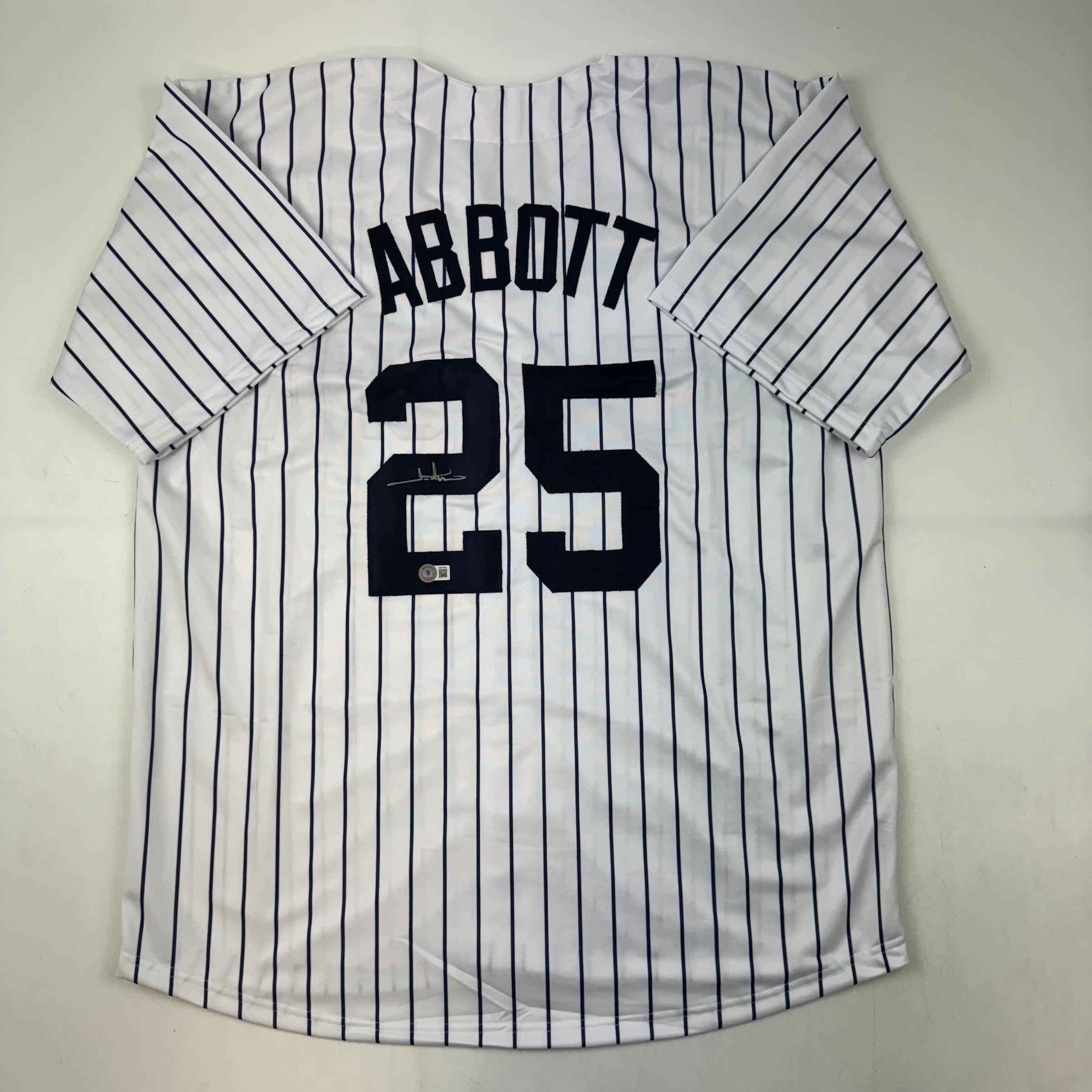 Autographed/Signed Jim Abbott New York White Pinstripe Baseball Jersey Beckett BAS COA