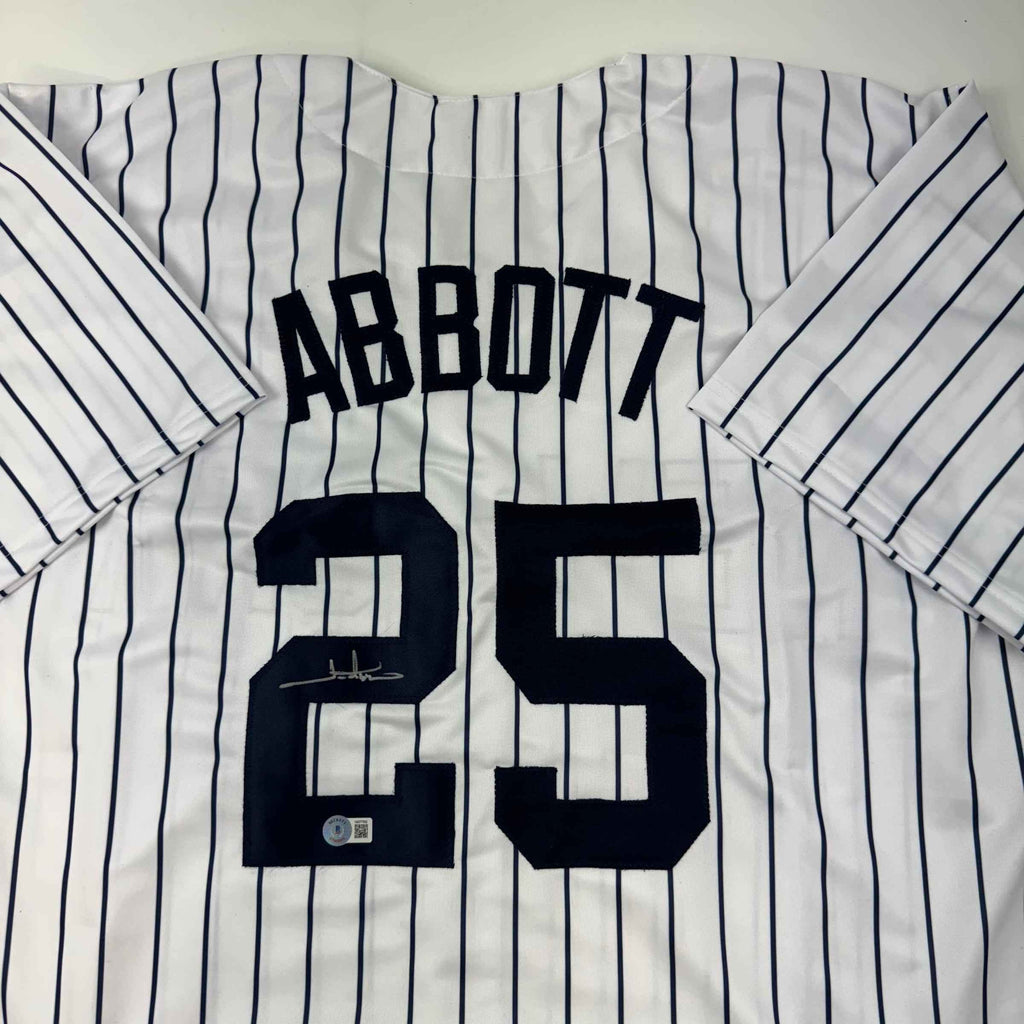 Autographed/Signed Jim Abbott New York White Pinstripe Baseball Jersey Beckett BAS COA