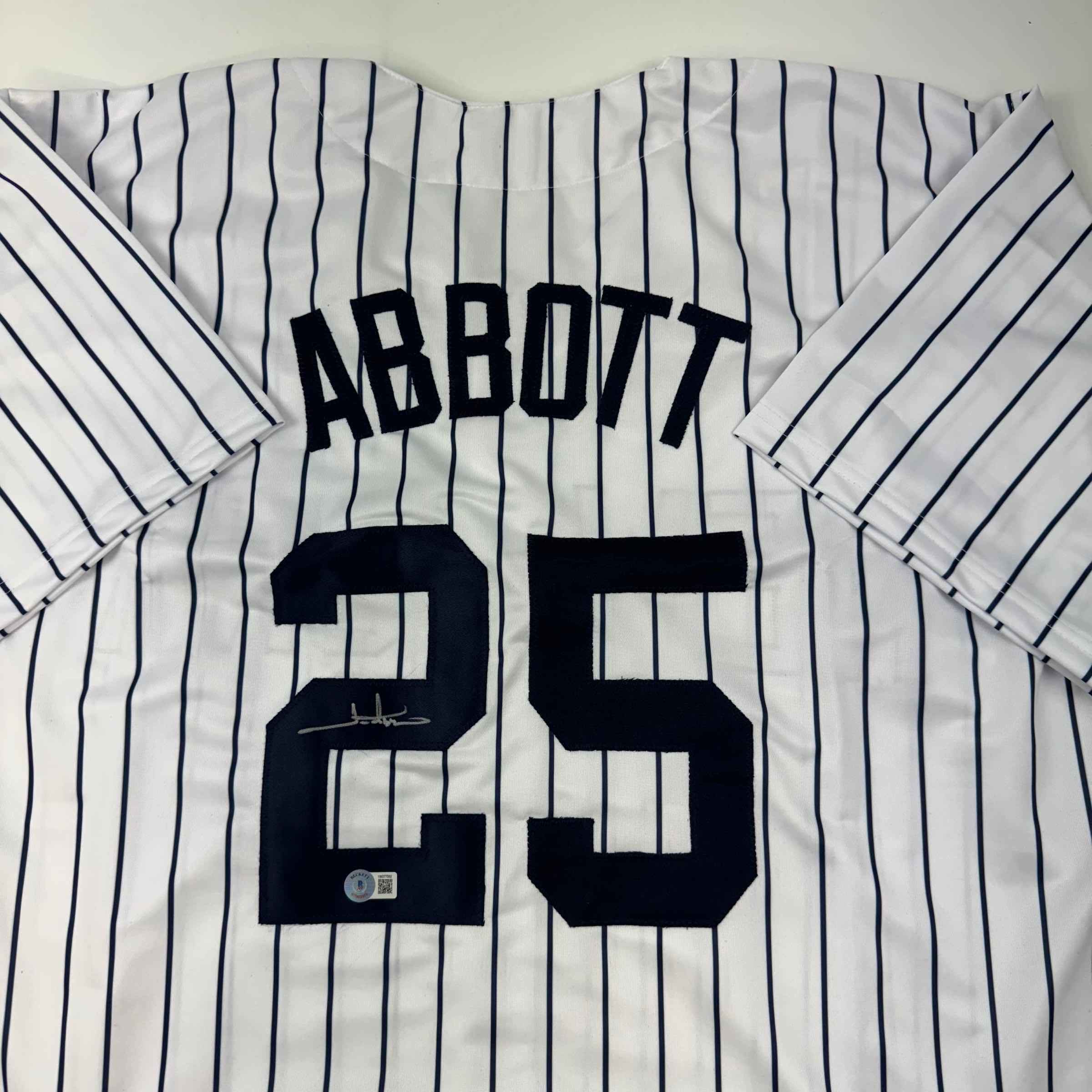 Autographed/Signed Jim Abbott New York White Pinstripe Baseball Jersey Beckett BAS COA