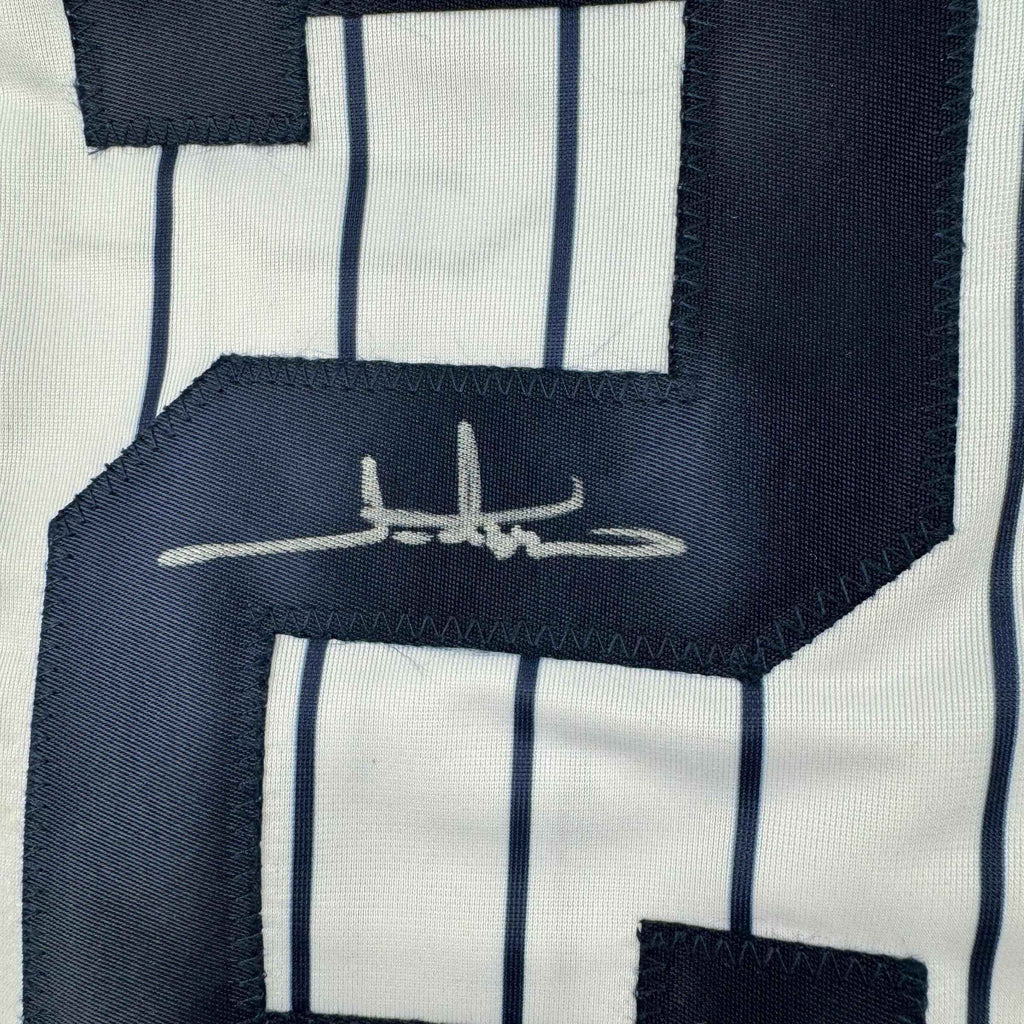 Autographed/Signed Jim Abbott New York White Pinstripe Baseball Jersey Beckett BAS COA