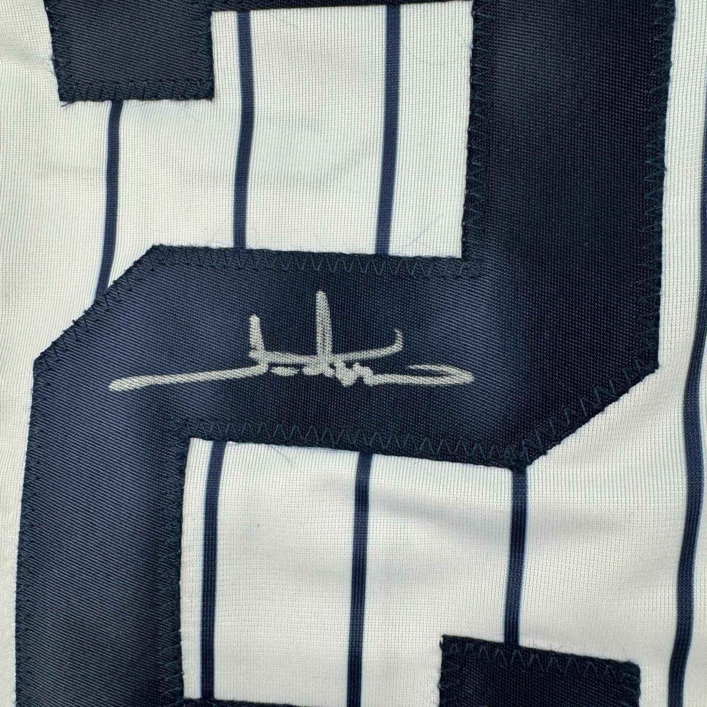 Autographed/Signed Jim Abbott New York White Pinstripe Baseball Jersey Beckett BAS COA
