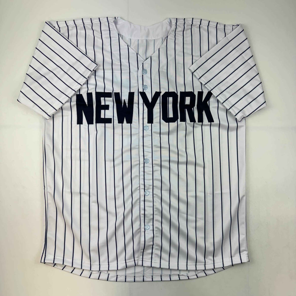 Autographed/Signed Jim Abbott New York White Pinstripe Baseball Jersey Beckett BAS COA