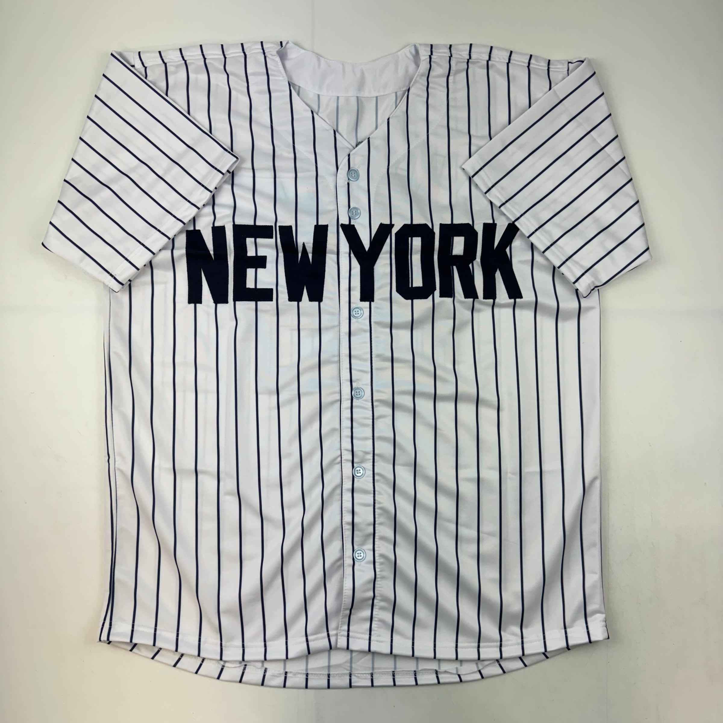 Autographed/Signed Jim Abbott New York White Pinstripe Baseball Jersey Beckett BAS COA
