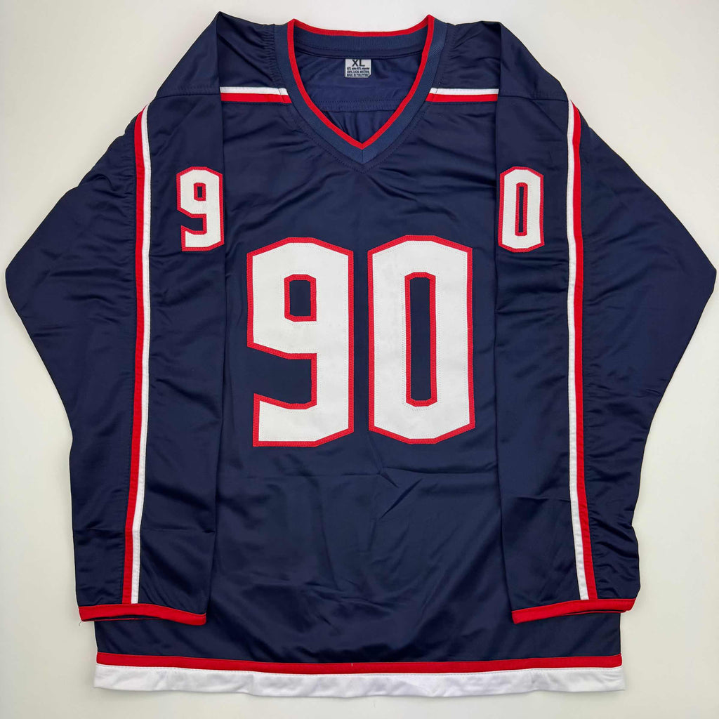 Autographed/Signed Elvis Merzlikins Columbus Blue Hockey Jersey Beckett BAS COA