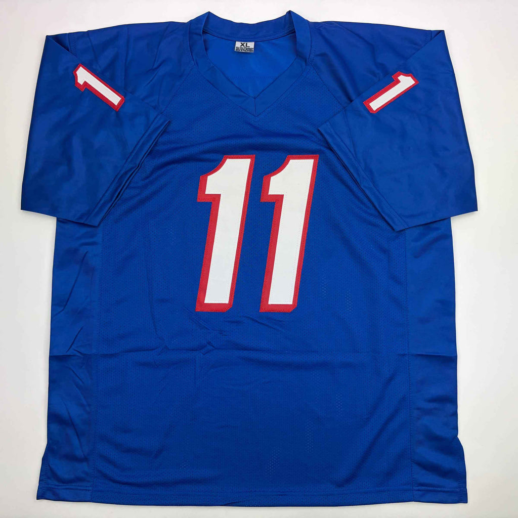 Autographed/Signed Drew Bledsoe New England Blue Football Jersey Beckett BAS COA