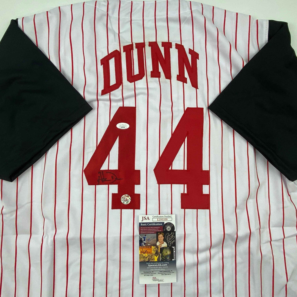 Autographed/Signed Adam Dunn Cincinnati Pinstripe Baseball Jersey JSA COA