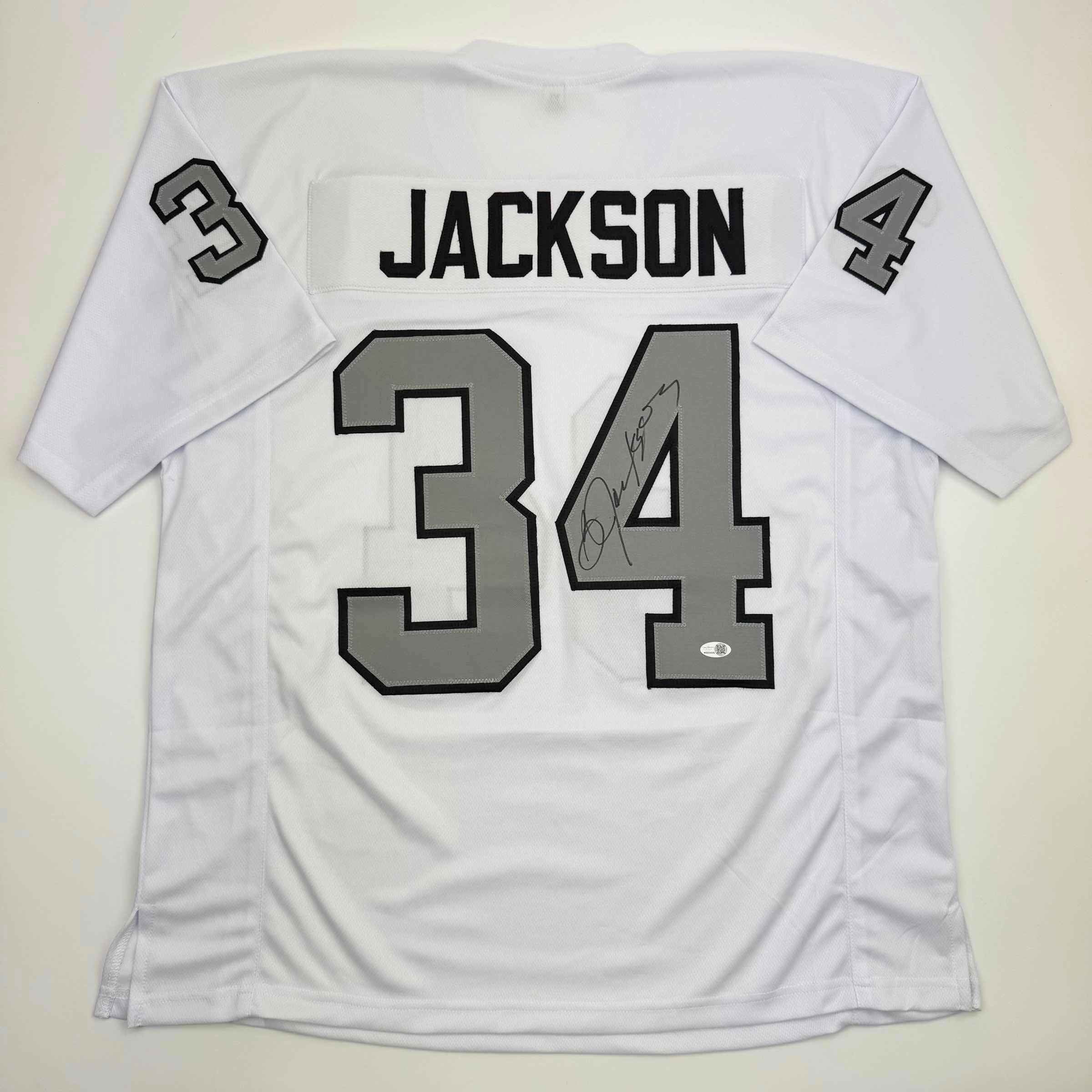Autographed/Signed Bo Jackson Oakland White Color Rush Football Jersey JSA COA