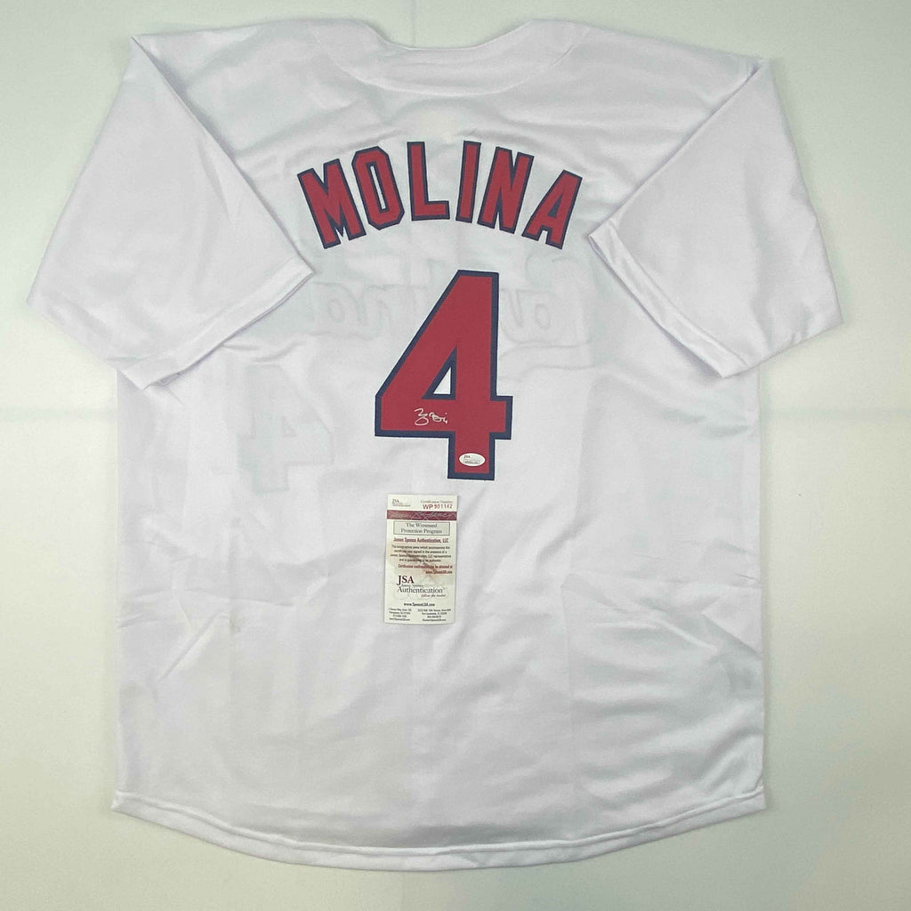 Autographed/Signed Yadier Molina St. Louis White Baseball Jersey JSA COA
