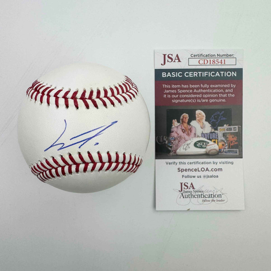 Autographed/Signed Junior Caminero Rawlings Official Major League ROML Baseball Beckett BAS COA