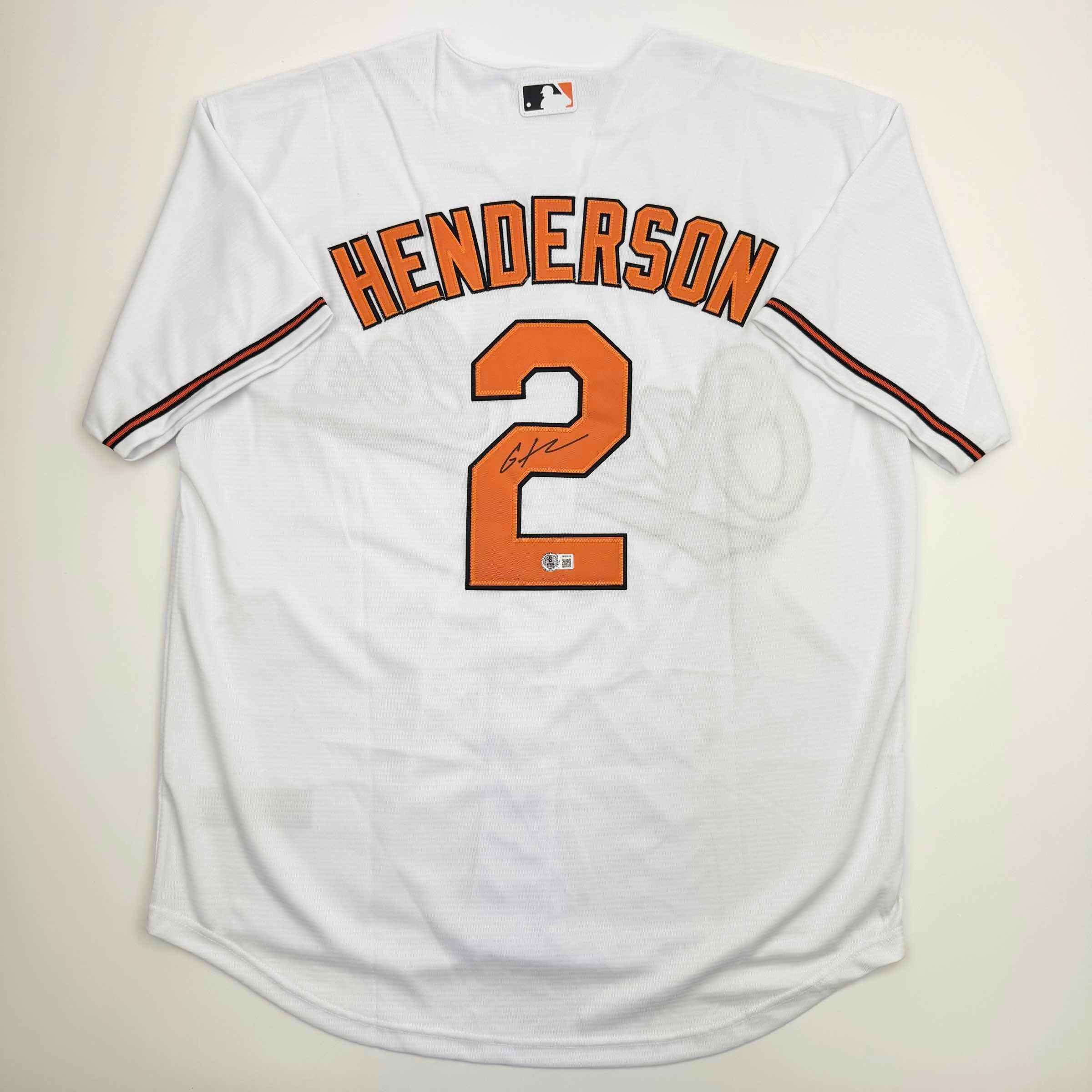 Autographed/Signed Gunnar Henderson Baltimore White Baseball Jersey Beckett BAS COA
