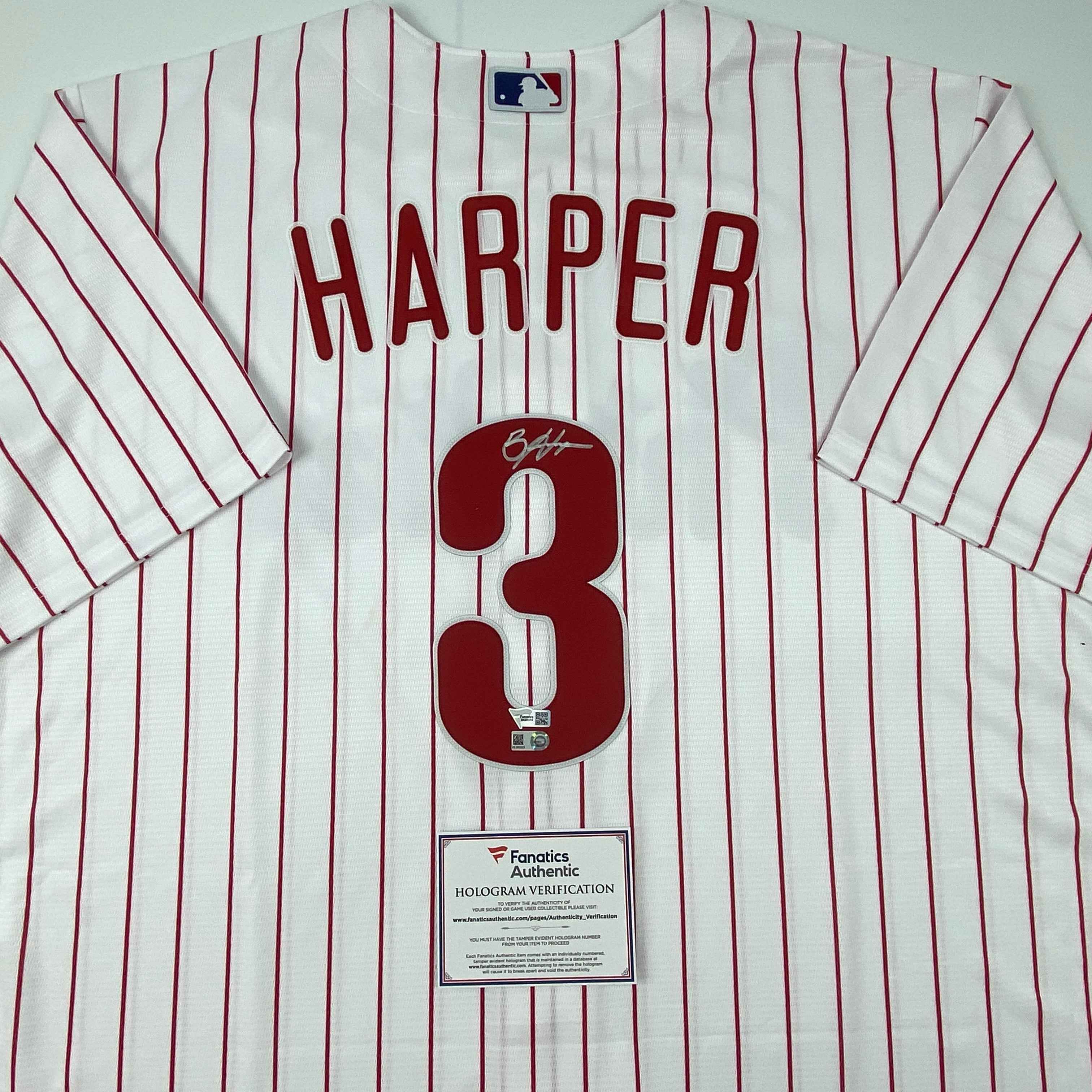 Autographed/Signed Bryce Harper Philadelphia Phillies Pinstripe Replica Baseball Jersey Fanatics & MLB COA