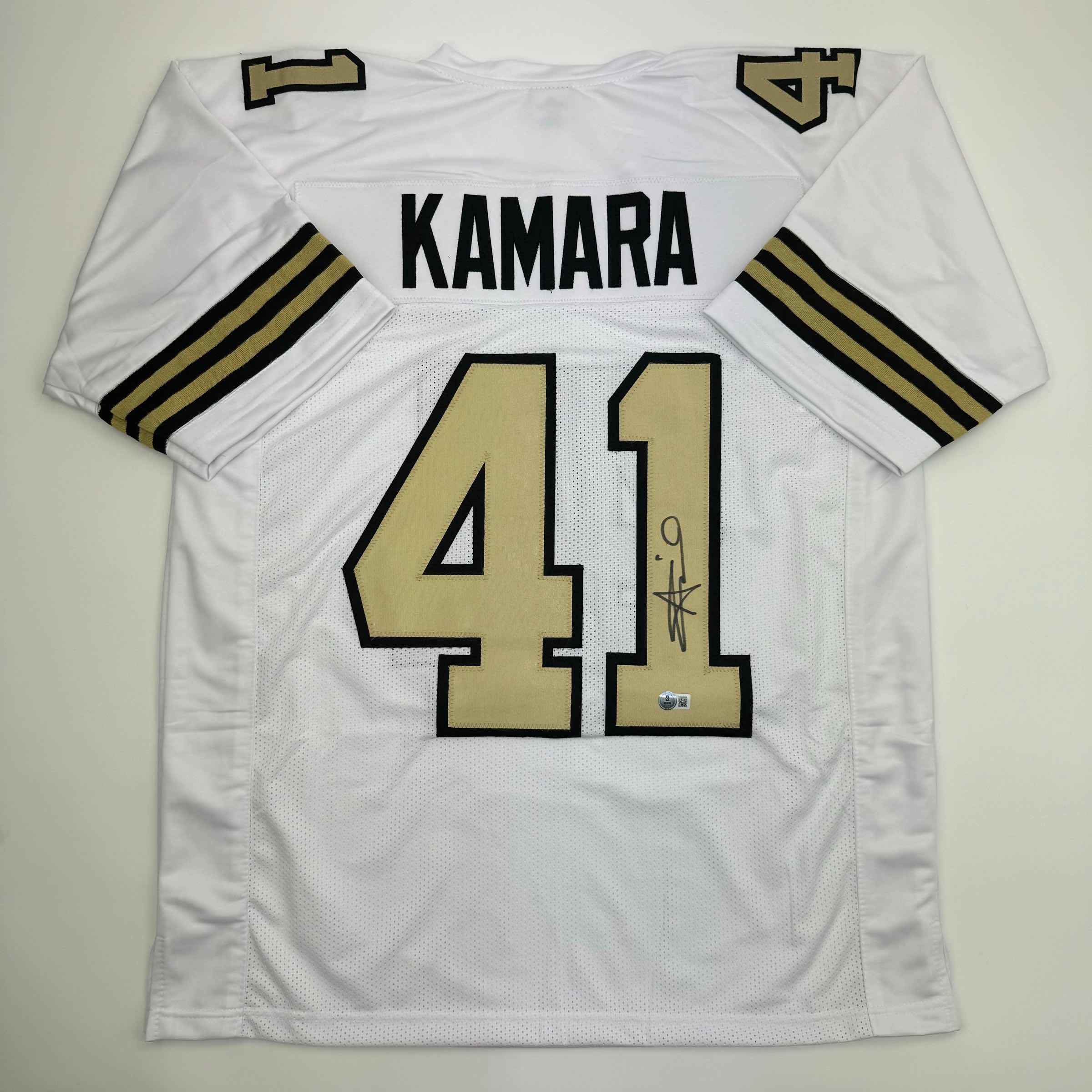 Autographed/Signed Alvin Kamara New Orleans White Color Rush Football Jersey Beckett BAS COA