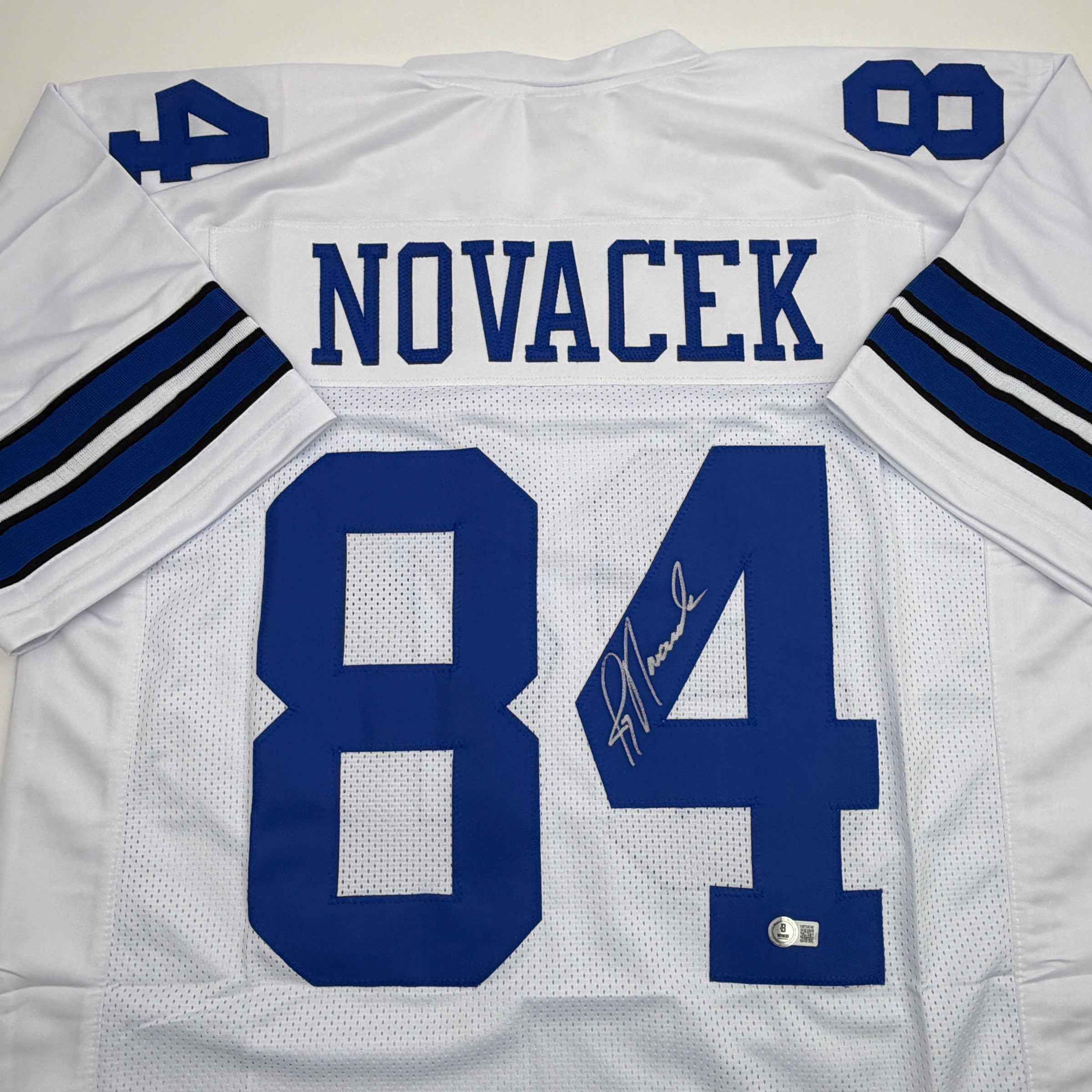 Autographed/Signed Jay Novacek Dallas White Football Jersey Beckett BAS COA