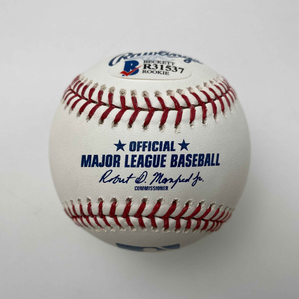 Autographed/Signed Jo Adell 2017 1st Round Pick Rawlings Official Major League Baseball ROML Beckett BAS COA Auto