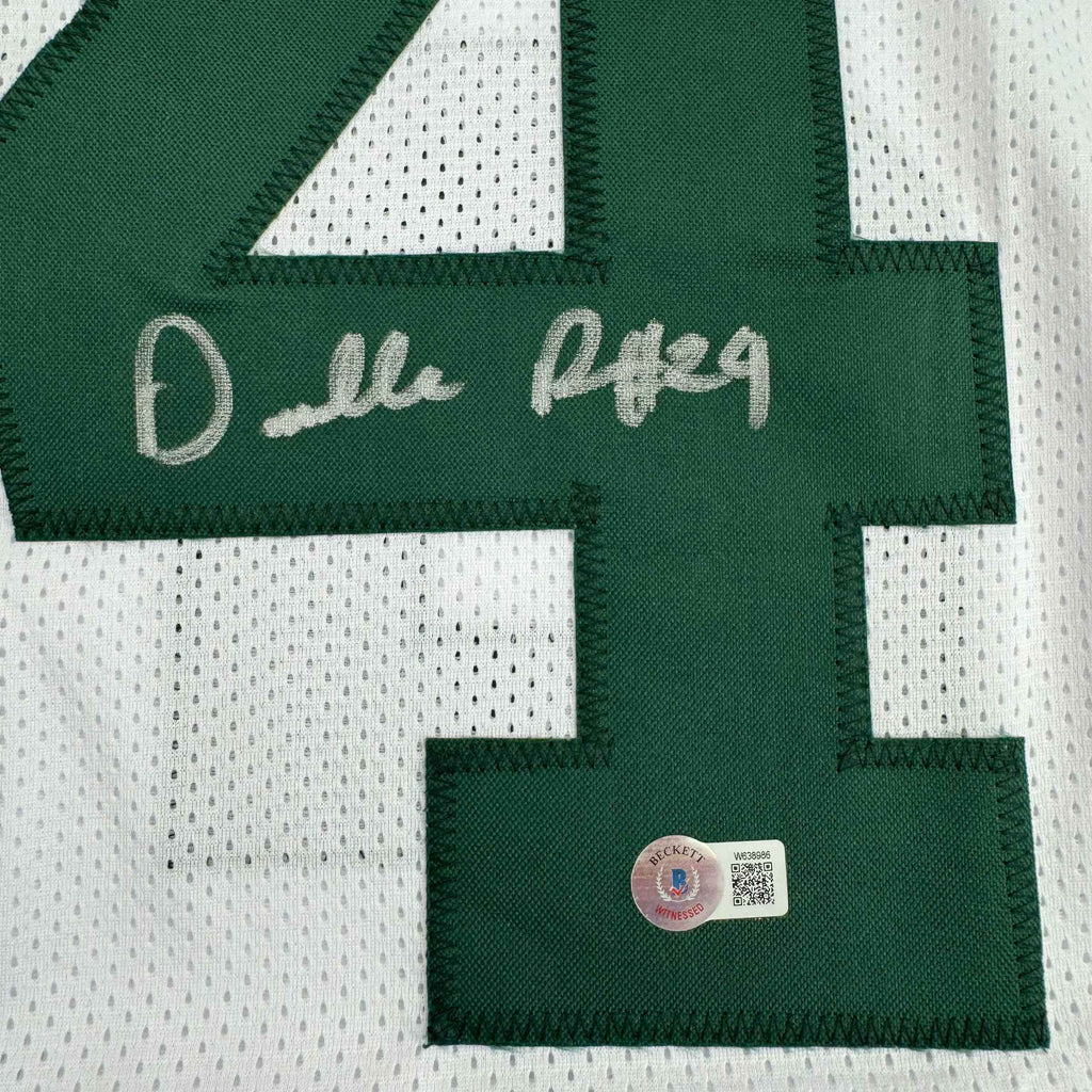 Framed Autographed/Signed Darrelle Revis 35x39 New York White Football Jersey Beckett BAS COA