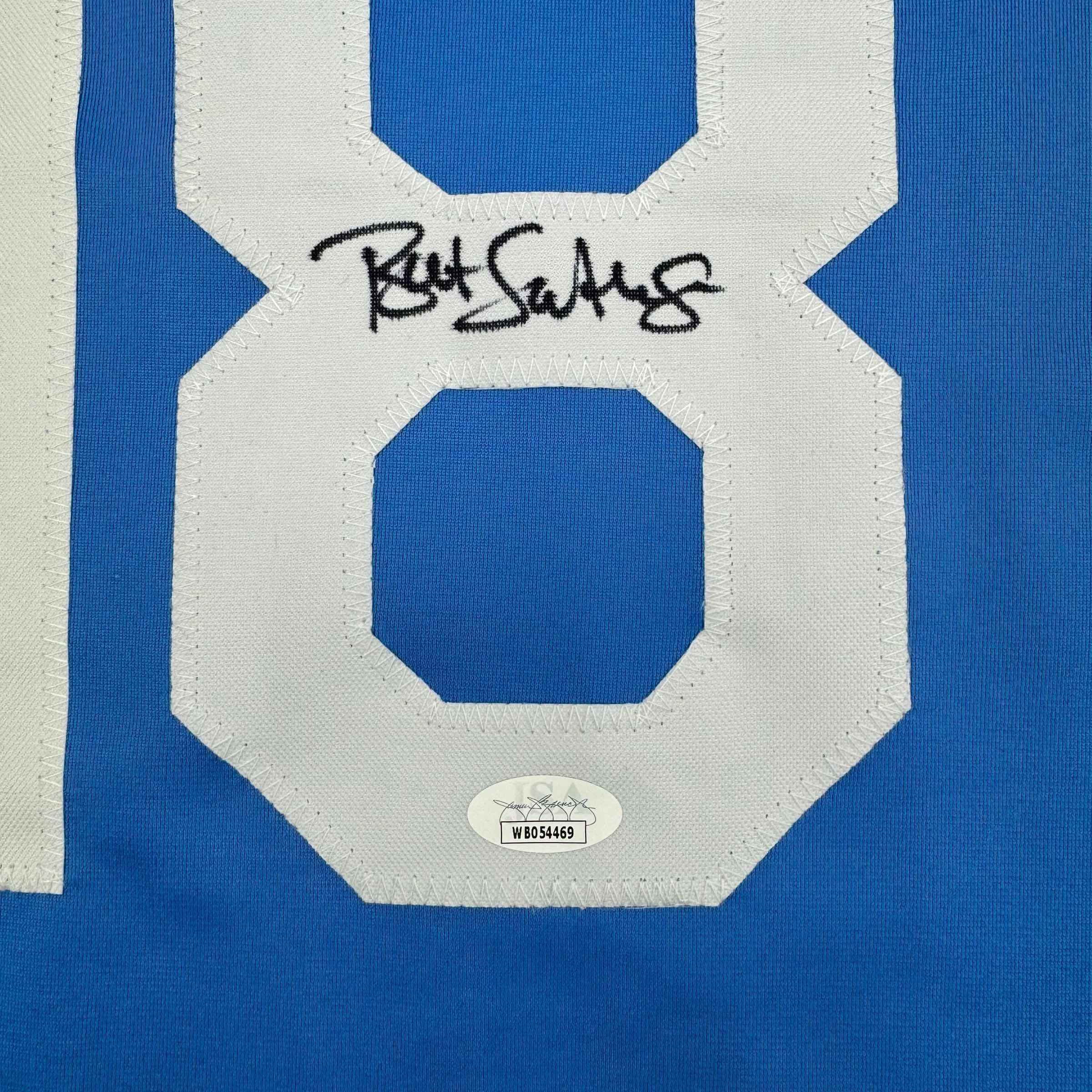 Framed Autographed/Signed Bret Saberhagen 35x39 Kansas City Light Blue Baseball Jersey JSA COA
