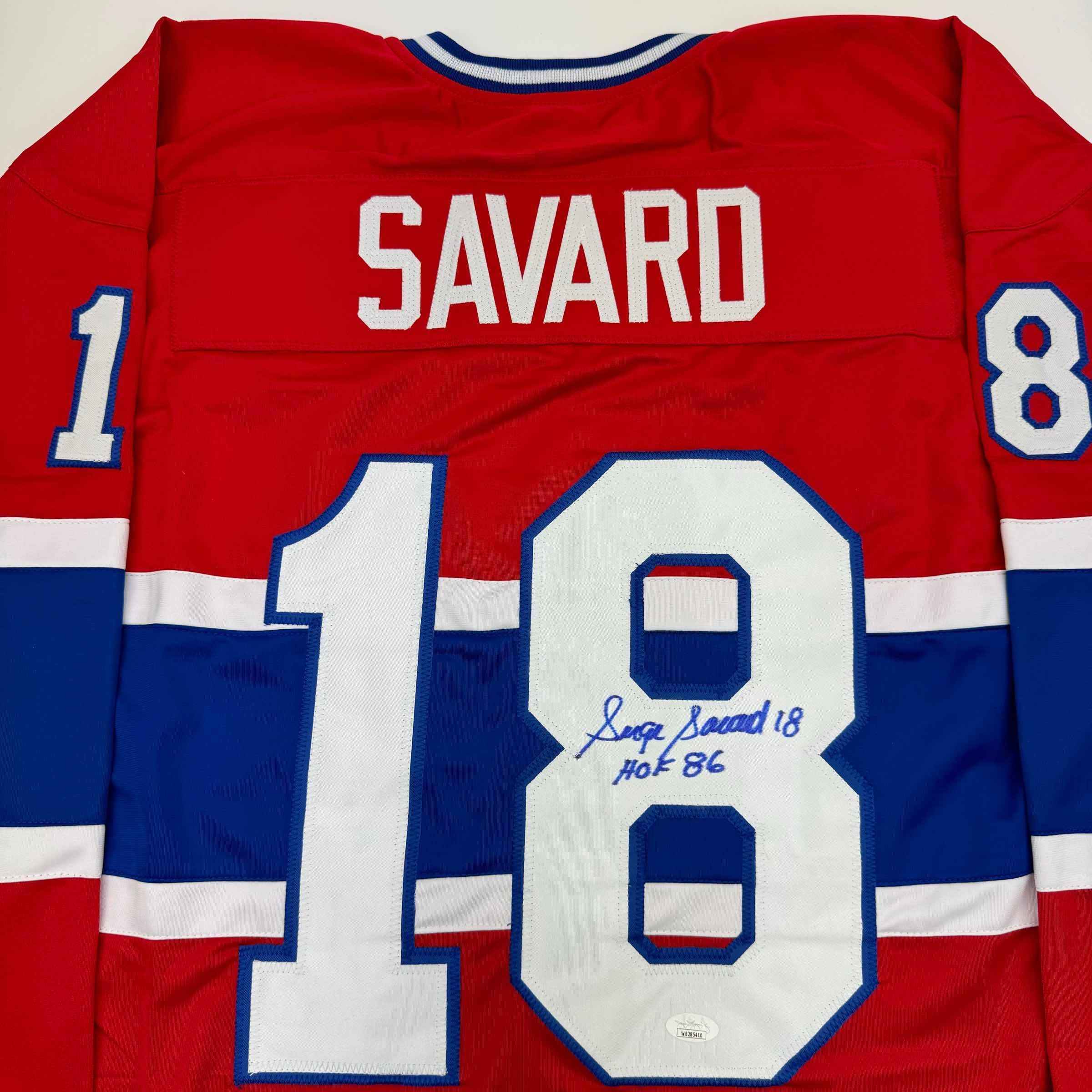 Autographed/Signed Serge Savard HOF 86 Montreal Red Hockey Jersey JSA COA