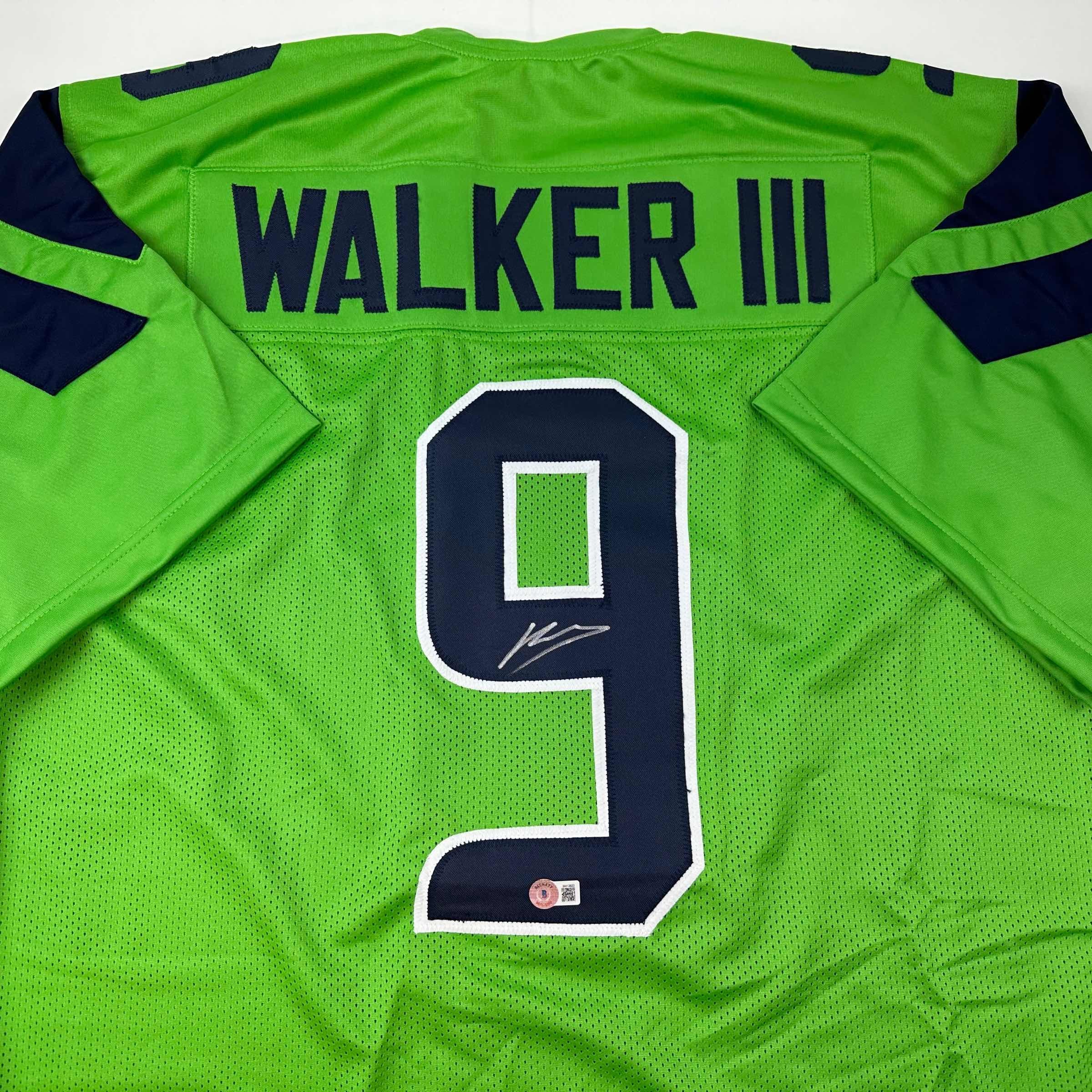 Autographed/Signed Kenneth Walker Seattle Green Football Jersey Beckett BAS COA