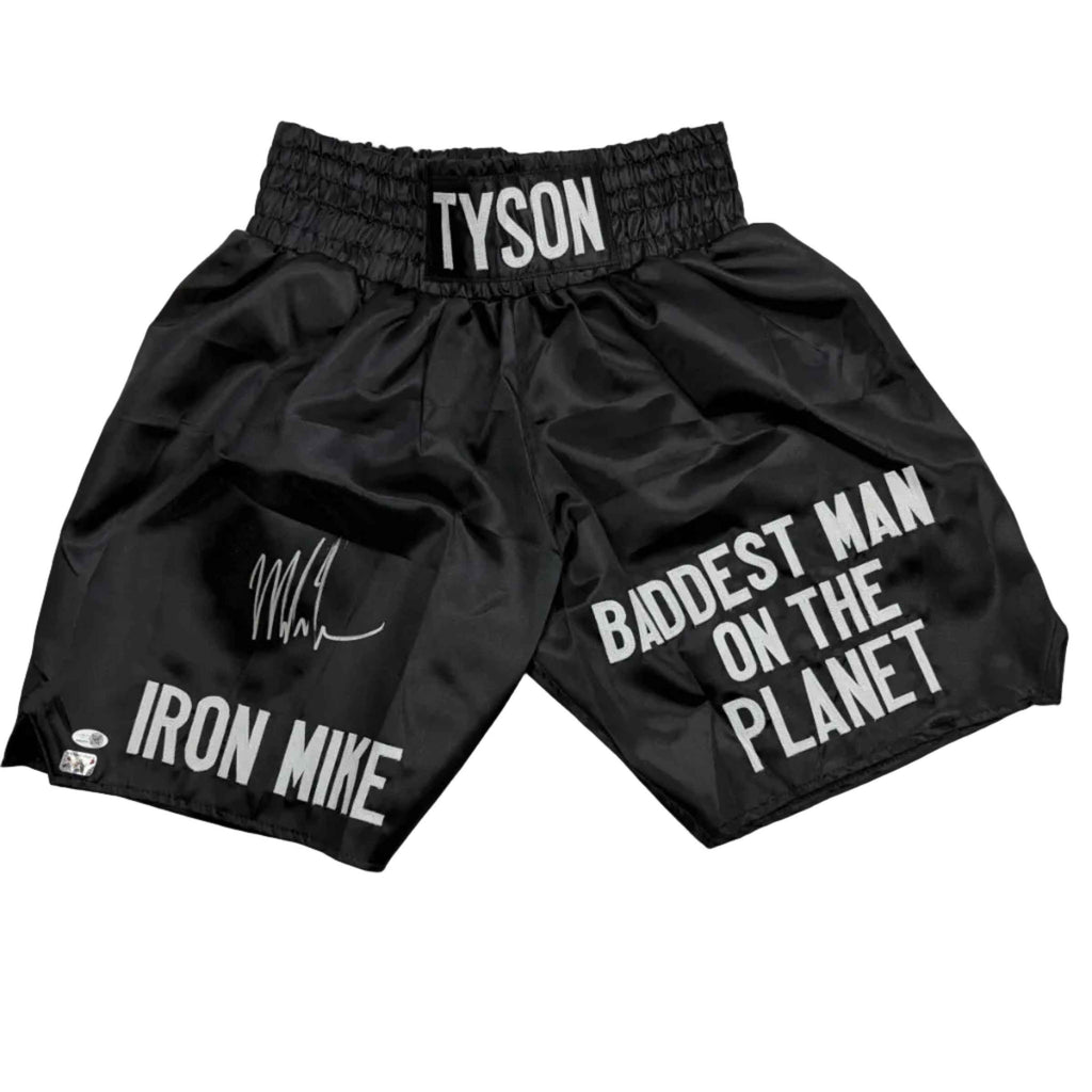 Autographed/Signed Mike Tyson Iron Mike Baddest Man on the Planet Black Boxing Trunks JSA COA