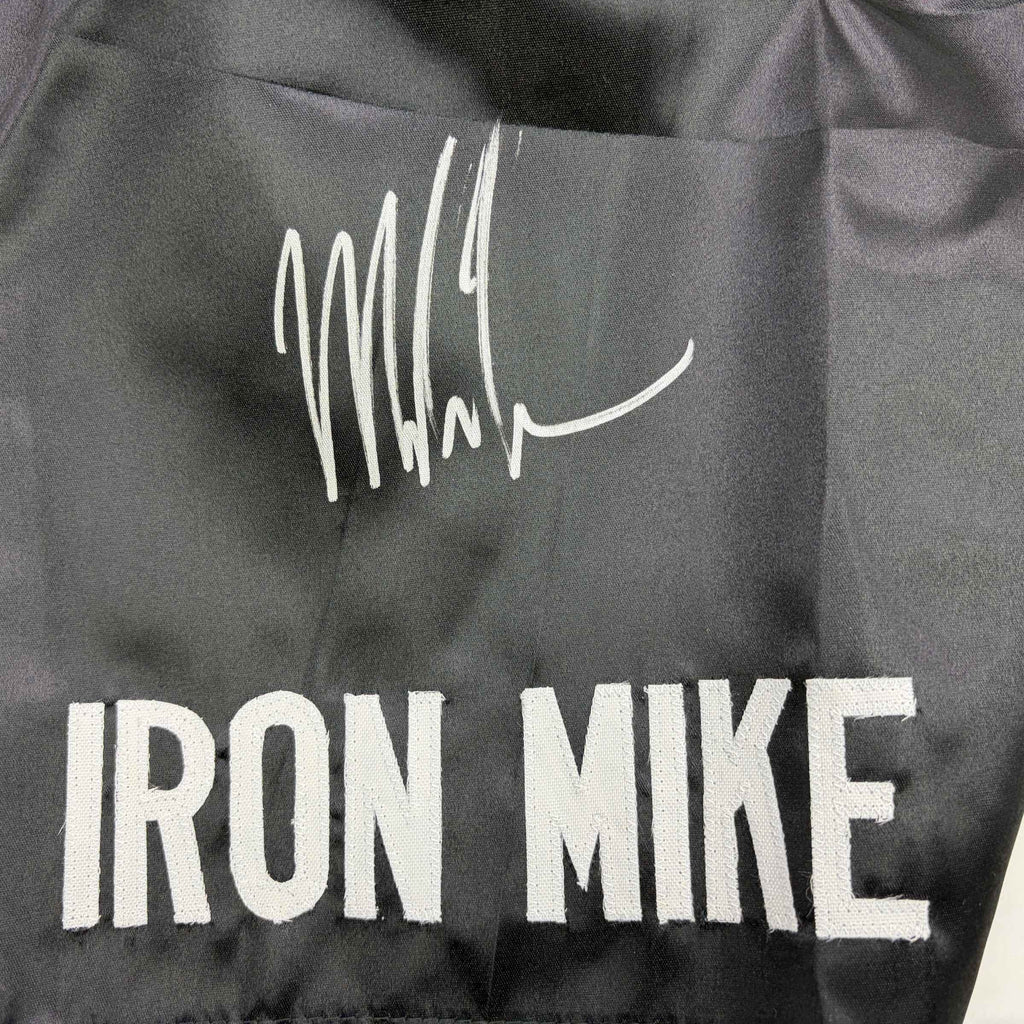 Autographed/Signed Mike Tyson Iron Mike Baddest Man on the Planet Black Boxing Trunks JSA COA