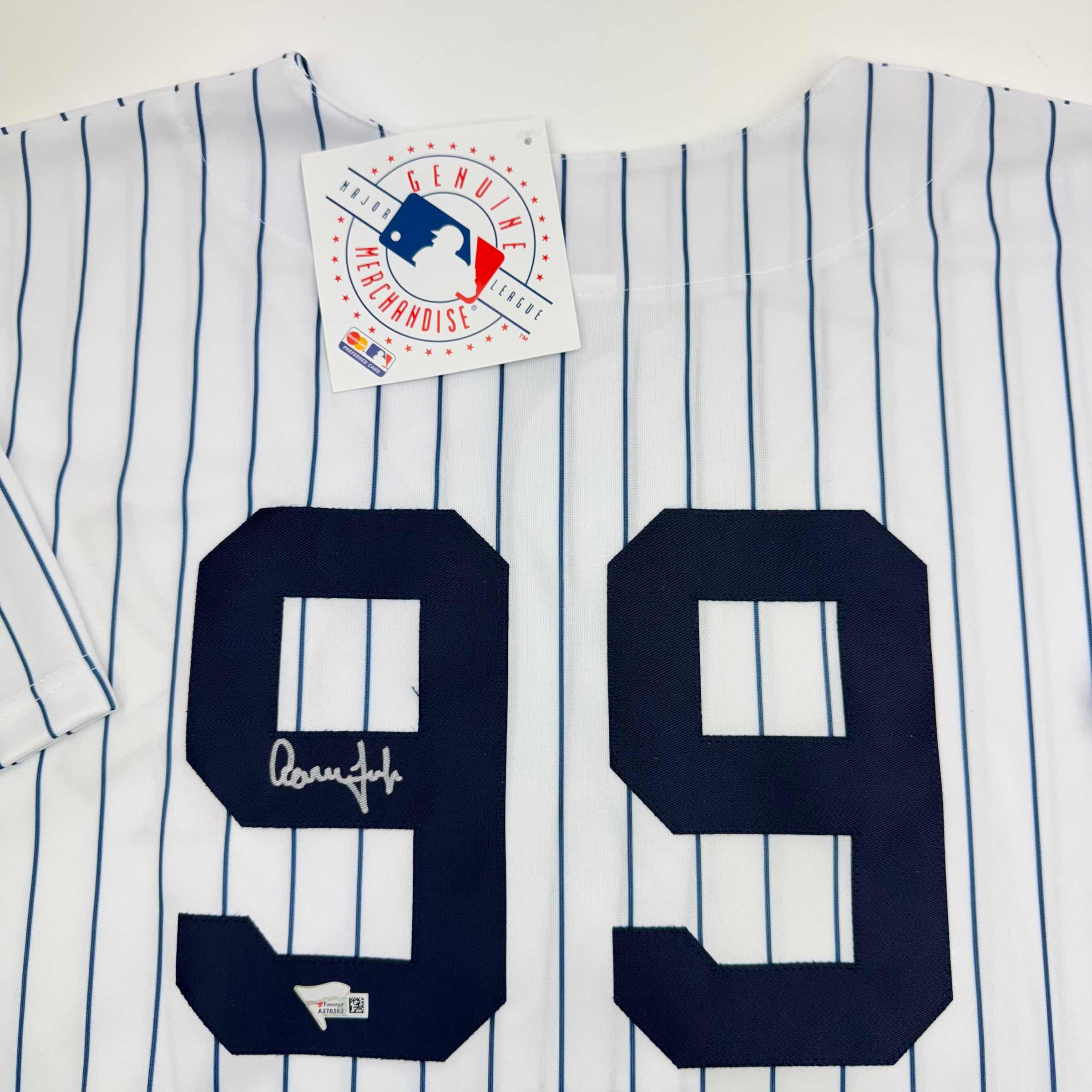 Autographed/Signed Aaron Judge New York Yankees Authentic Majestic Pinstripe Baseball Jersey Fanatics COA