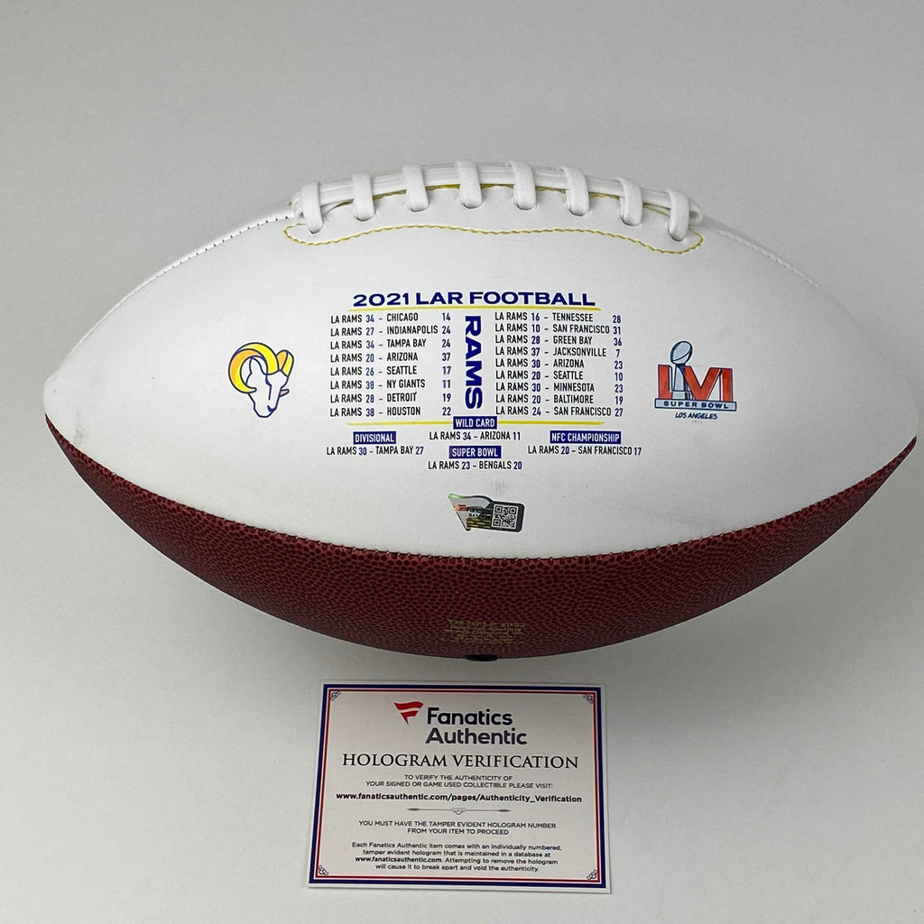 Autographed/Signed Cooper Kupp Super Bowl LVI Champions Los Angeles Rams Full Size FS F/S White Panel Logo Football Fanatics COA
