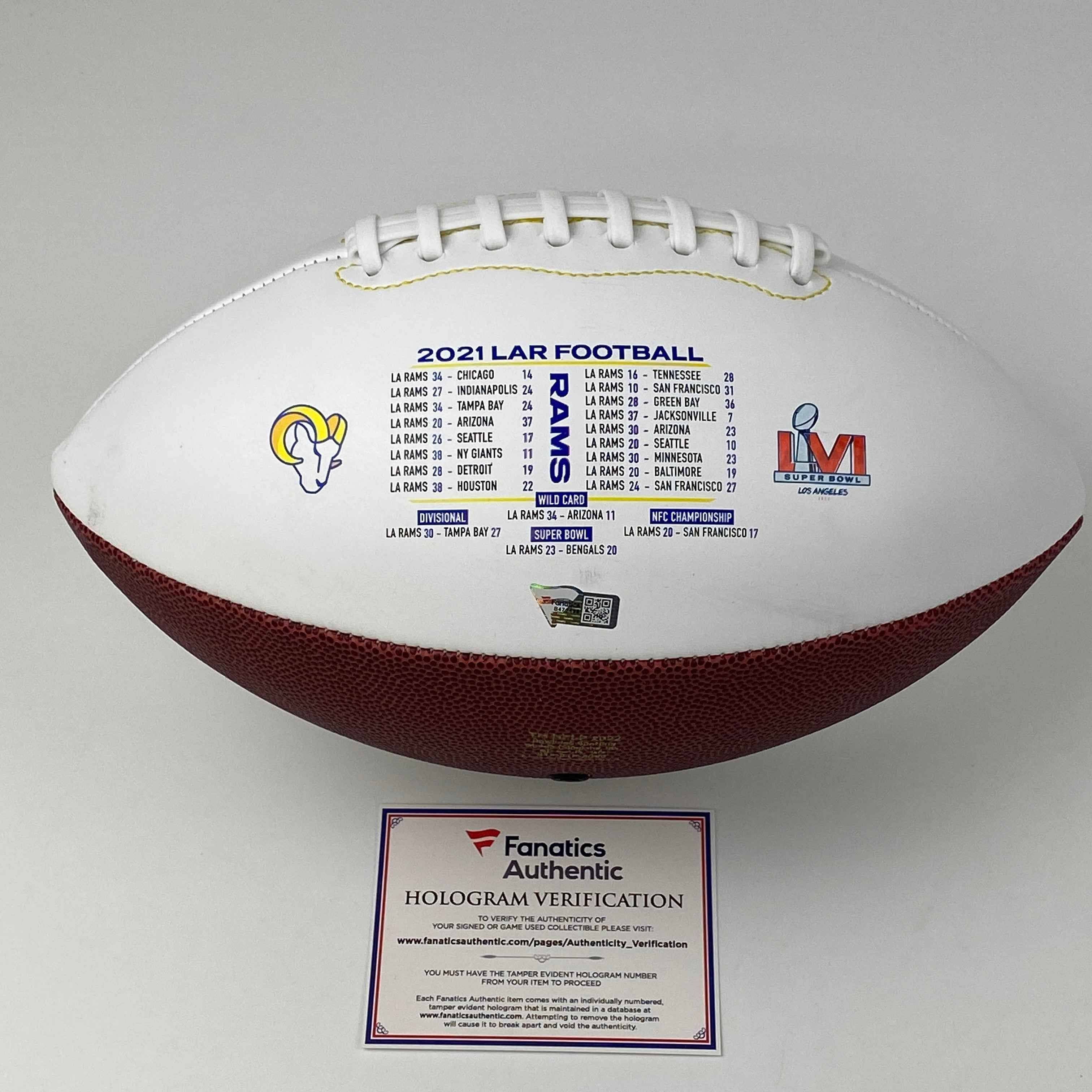 Autographed/Signed Cooper Kupp Super Bowl LVI Champions Los Angeles Rams Full Size FS F/S White Panel Logo Football Fanatics COA
