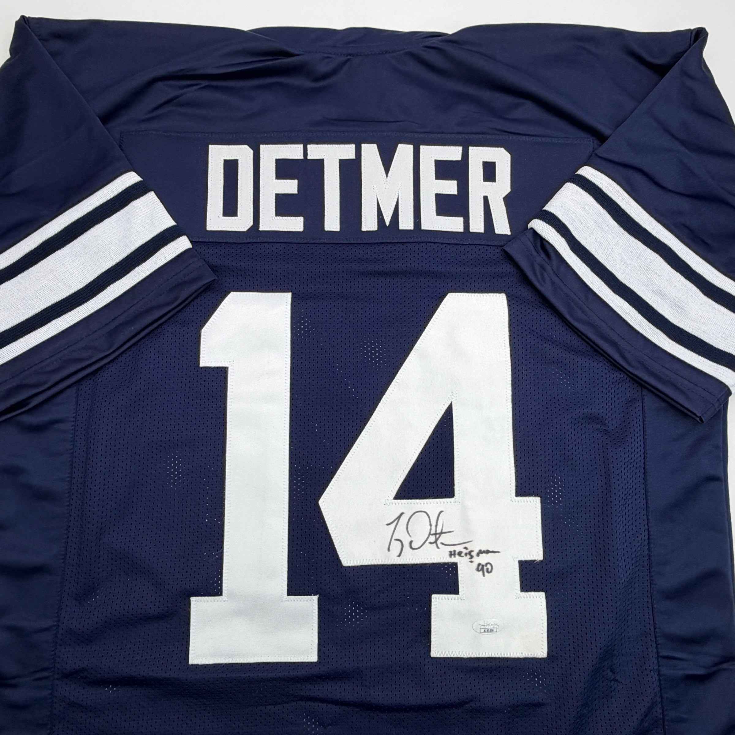 Autographed/Signed Ty Detmer Heisman 90 Brigham Young BYU Blue College Football Jersey JSA COA