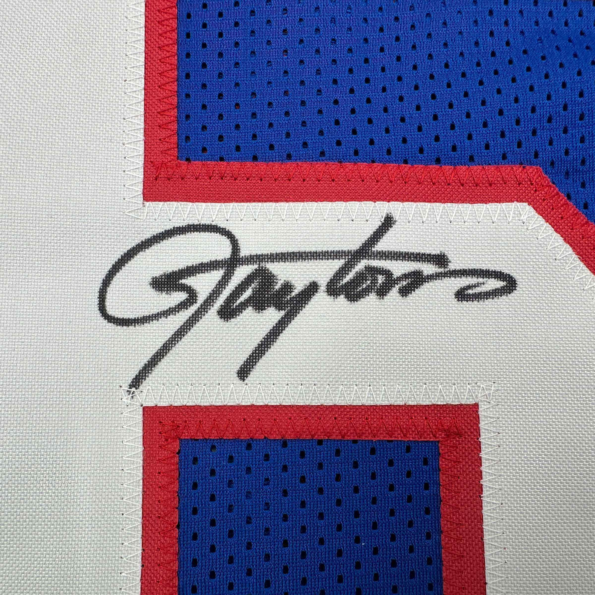 Autographed/Signed Lawrence Taylor New York Blue Stat Football Jersey Beckett BAS COA