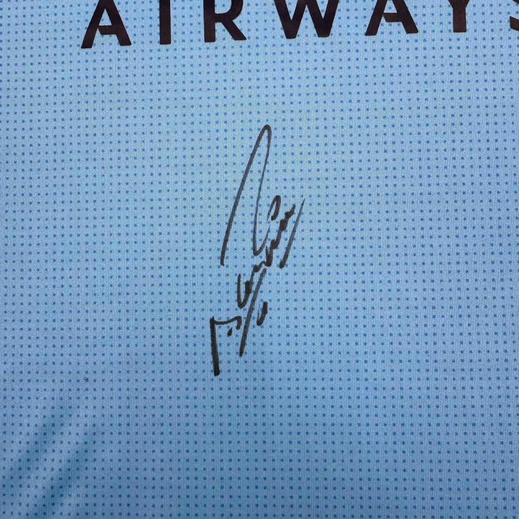 Framed Autographed/Signed Sergio Kun Aguero 35x39 Manchester City Blue Soccer Futbol Jersey Beckett BAS COA #2