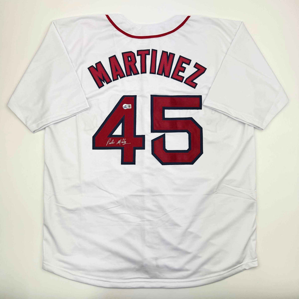 Autographed/Signed Pedro Martinez Boston White Baseball Jersey Beckett BAS COA