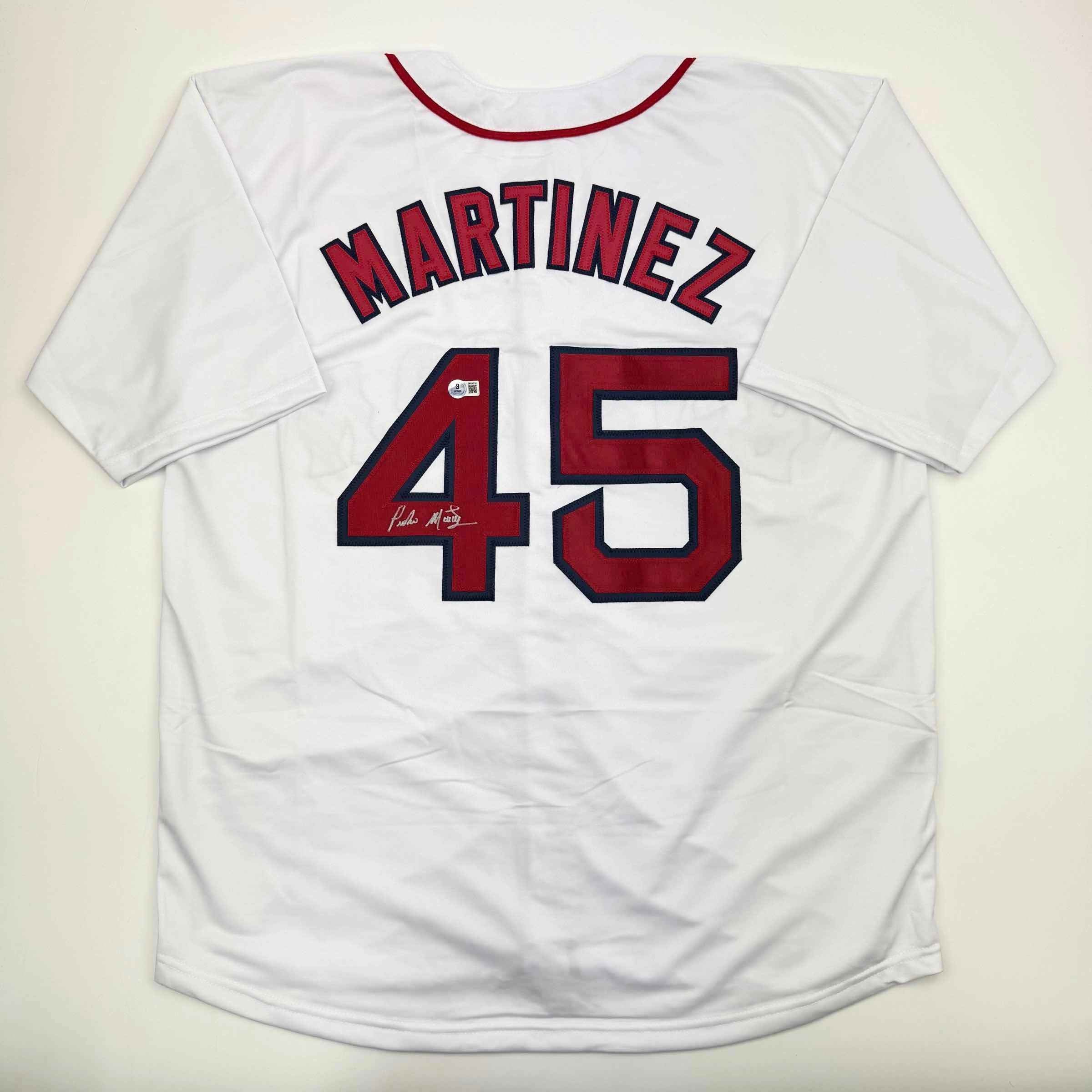 Autographed/Signed Pedro Martinez Boston White Baseball Jersey Beckett BAS COA