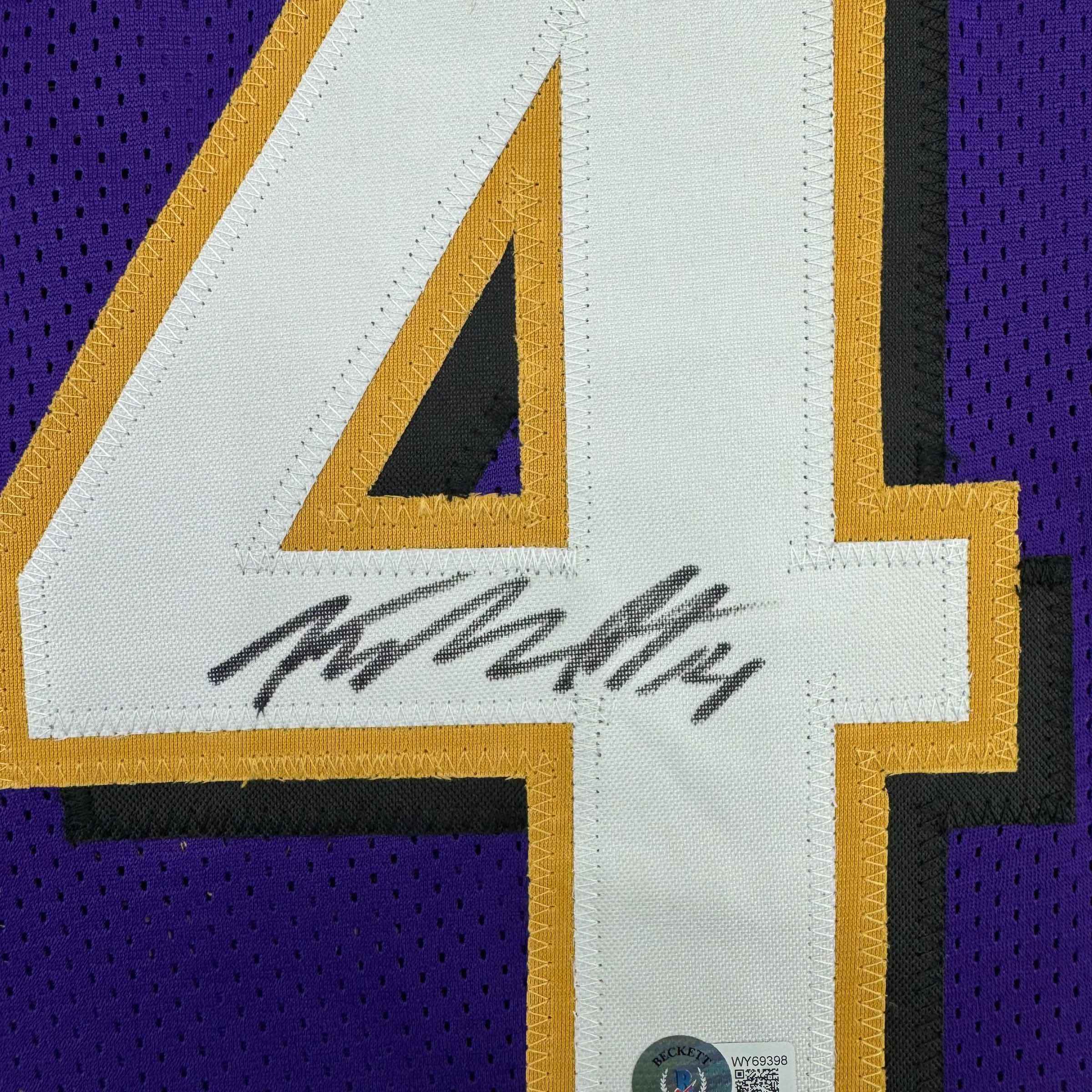 Framed Autographed/Signed Kyle Hamilton 35x39 Baltimore Purple Football Jersey Beckett BAS COA